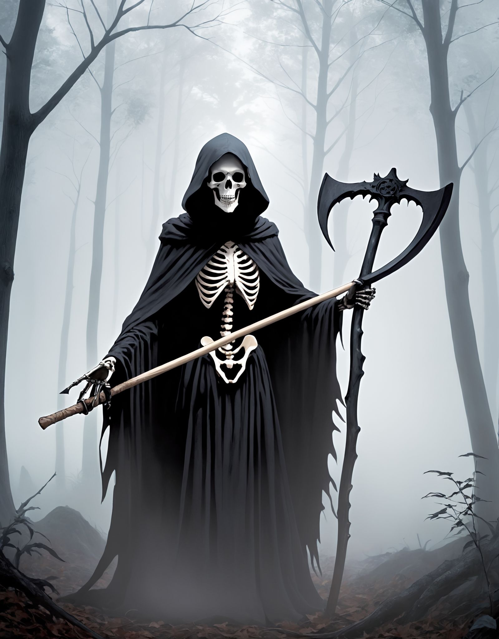 Photo of a mysterious,  cloaked figure with a skeletal face standing in a misty forest,  holding a scythe and surrounded b...