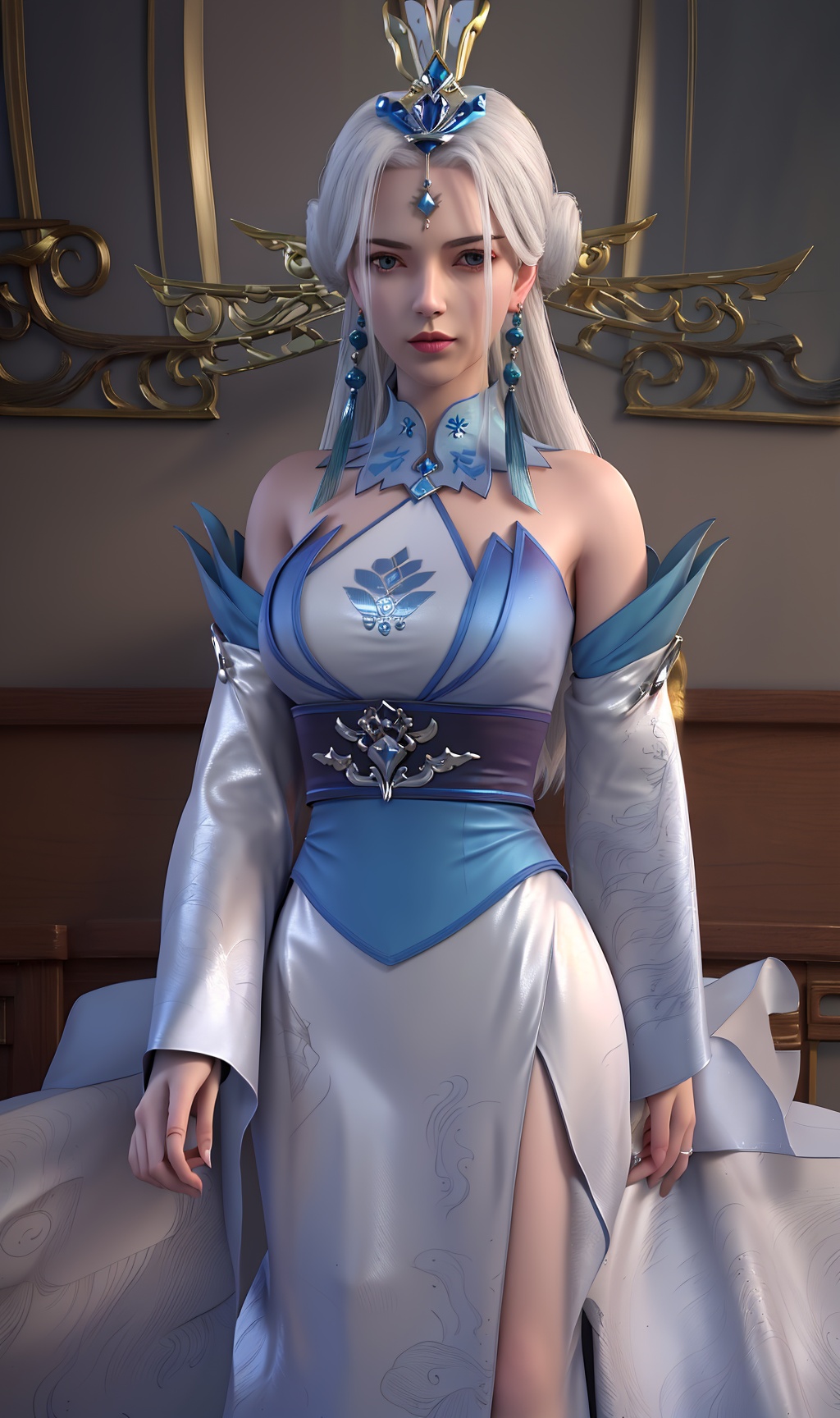 3D,masterpiece,(best quality),(makeup),official art, extremely detailed cg 8k wallpaper,((crystalstexture skin)), (extremely delicate and beautiful),(highly detailed),(face),(collar),tassel,,(wide_sleeves),,(tiara),(ribbon),(headpiece),(1girl), (solo), (jewelry), (earrings),(white_hair),(long_hair),(hair_ornament),(handwear),(breasts),(standing),((upper_body)),(long_legs),(off-shoulder_dress),(closed_mouth),(long_skirt),(chinese_clothes),(dress),,(multicolored_clothes),(multicolored_dress),(shiny_clothes),(city,indoor,bed),(gown),((looking_at_viewer)),((Facing the camera)),, <lora:hipoly3DModelLora_v10:0.3>