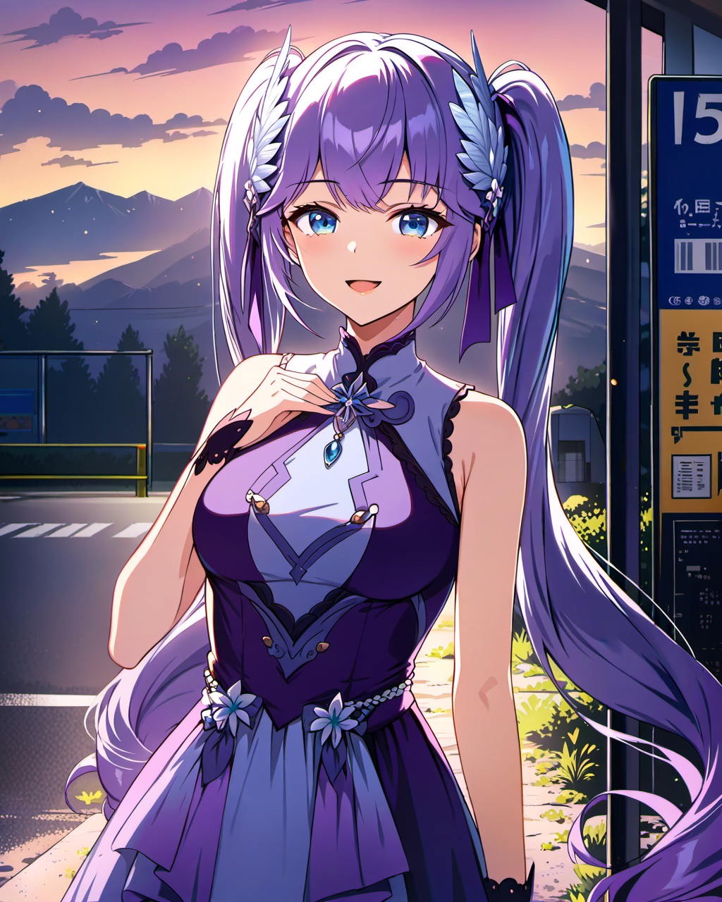 <lora:xiangwan-asoul-a3d:0.6>,ray tracing,very aesthetic,aesthetic,amazing quality,best quality,hight,hight quality,masterpiece,highres BREAKVolumetric Lighting,Cinematic Lighting,background light,moody lighting,dusk,1girl,twintails,purple hair,solo,looking at viewer,smile,blue eyes,feather hair ornament,purple dress,long hair,open mouth,bangs,sleeveless,upper body,breasts,huge filesize,absurdres,bus stop,in spring,cowboy_shot,