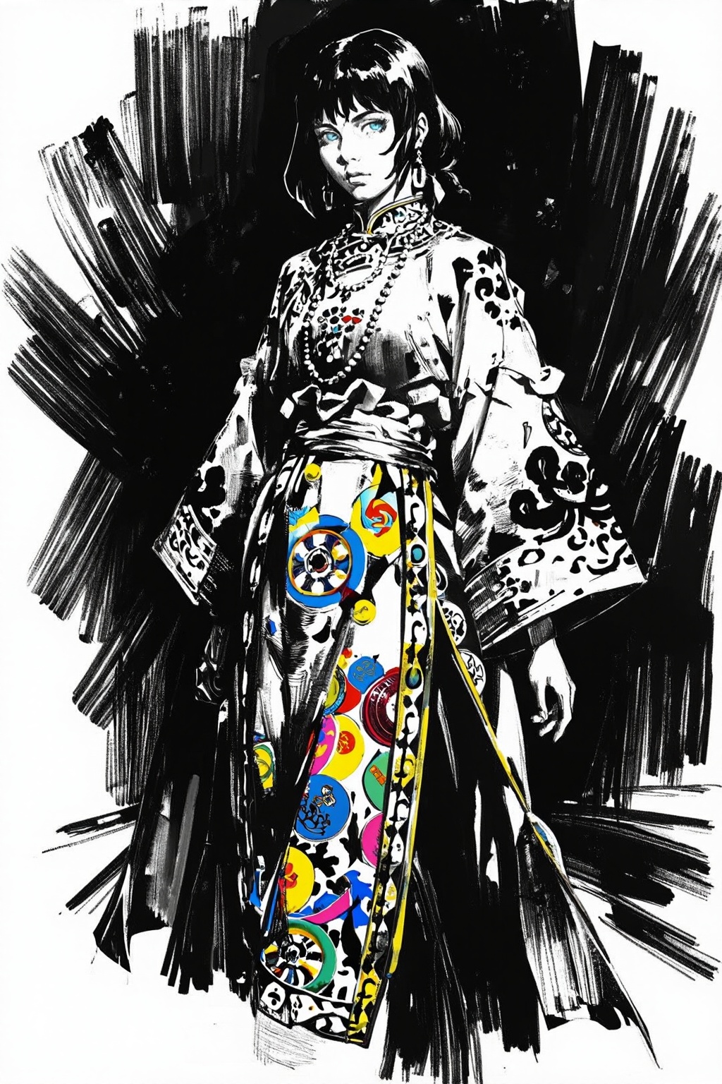 hand_sketch,black and white,masterpiece,best quality,good quality,newest,year 2024,year 2023,very aesthetic,extreme aesthetic,absurdres,Visual impact,ultra-high resolution,32K UHD,sharp focus,best-quality,masterpiece,Emotionalization,masterpiece,masterful details,1GIRL,Female character with short black hair and light blue eyes,wearing an ornate Chinese-inspired dress,standing against a dark background, detailed colorful illustration in anime style,showcasing vibrant colors and intricate patterns,conveying a sense of elegance and mystique.,