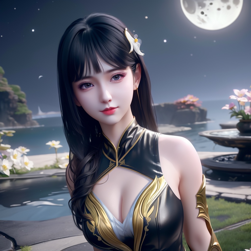 <lora:739-DA-斗破苍穹-慕青鸾:0.8>, (,1girl, ,best quality, ),looking at viewer,  ,,ultra detailed background,ultra detailed background,ultra realistic 8k cg, ,masterpiece, (( , )),, realistic,science fiction,mole, ultra realistic 8k cg, ,     ,crescent moon, jasmine \(flower\),     (cleavage), (),