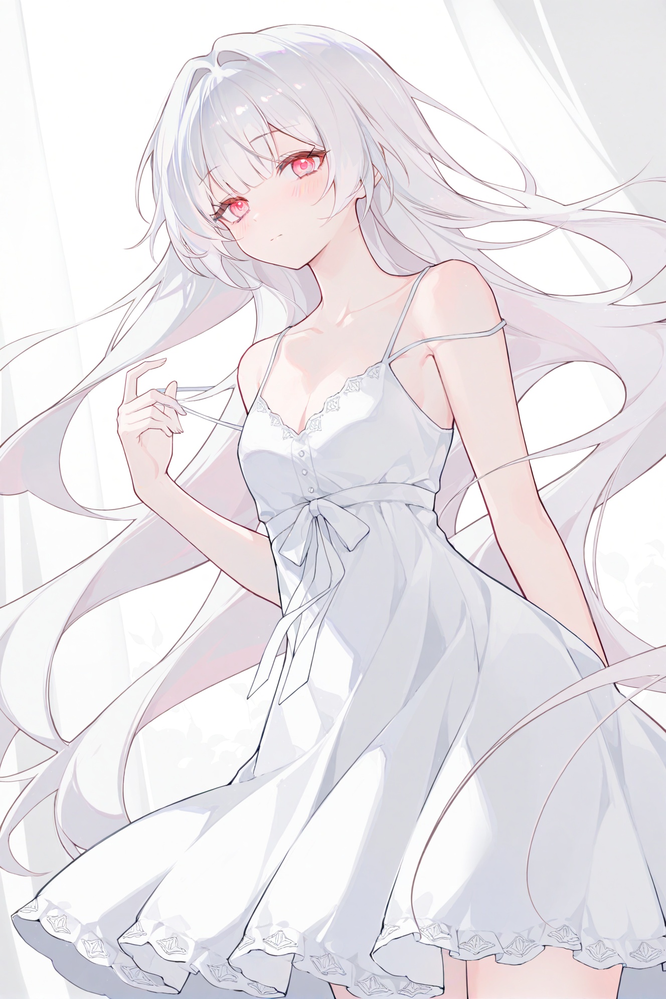 akengichi,simple,crisp,gwwj,ezu,Tender,(masterpiece:1.1),(best quality:1.1),dynamic_angle,(extremely delicate and beautiful:1.1),(huge filesize:1.1),(Noise and grain:1.1),(amazing quality:1.1),\\//,1girl, solo, dress, white dress, breasts, long hair, looking at viewer, white hair, bare shoulders, small breasts, red eyes, hair intakes, collarbone, very long hair, blush, sleeveless dress, sleeveless, pink eyes, strap slip, bare arms, cleavage, closed mouth, white theme