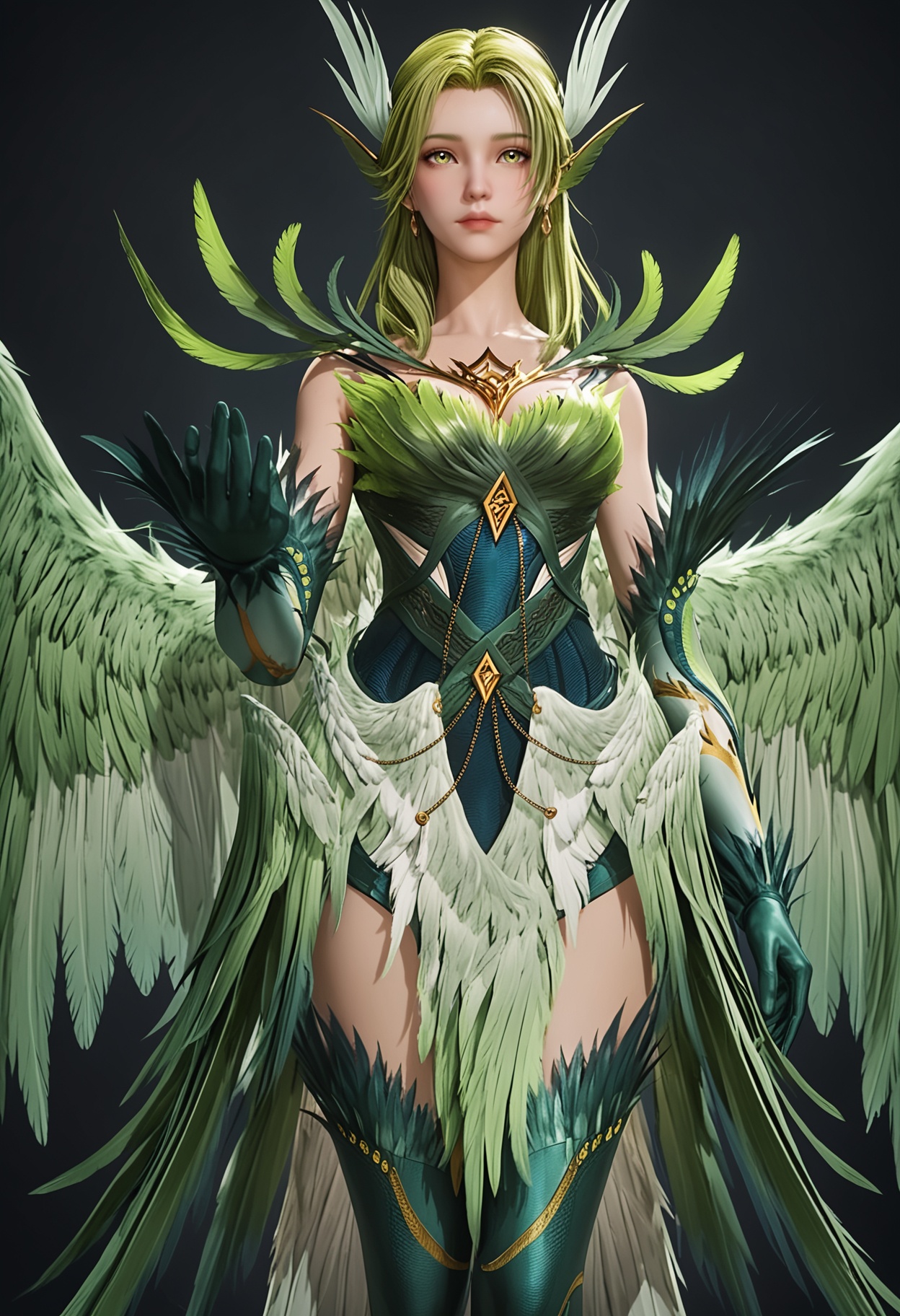 (cowboy shot:1.2),score_9,score_8_up,masterpiece,(best quality),intricate details,facing viewer,(looking at viewer:1.1),<lora:YQ_pony_biji_V4:0.8>,q1528437228,solo,1girl,long hair,green hair,feathers,green eyes,blonde hair,hair ornament,pointy ears,wings,gloves,dress,green wings,elbow gloves,jewelry,feathered wings,green dress,thighhighs,armor,yellow eyes,earrings,green feathers,multiple wings,BREAKscore_9,score_8_up,masterpiece,(best quality),perfect anatomy,(hourglass),perfect face,(simple background,pure black background,black background:1.1),fair_skin,shiny_skin,Ivory_skin,