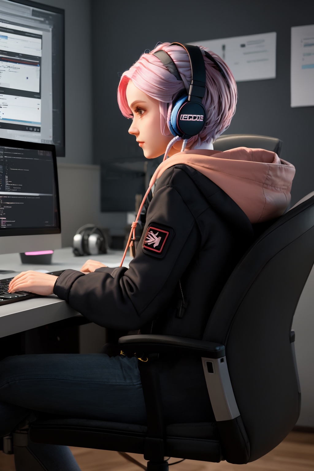 <lora:lida_15:1:lbw=KEEPCHAR>,lida,1girl,solo,headset with microphone,futuristic armored suit,wearing a futuristic armored suit,short hair,sitting,jacket,white hair,indoors,hood,from side,lips,profile,headphones,chair,hood down,headset,realistic,nose,computer,monitor,laptop,keyboard \(computer\),office chair,upper body,blurry,hoodie,desk,cable,mouse \(computer\),screen,a female character with pink hair and wearing headphones and a dark outfit,she is seated at a desk,surrounded by various electronic devices including a computer monitor and a keyboard and other equipment,the setting appears to be a dimly lit room possibly an office or a tech lab,with posters and papers on the walls,the character seems to be focused on her work possibly coding or designing,female character,dark outfit,electronic devices,computer monitor,keyboard,posters,walls,