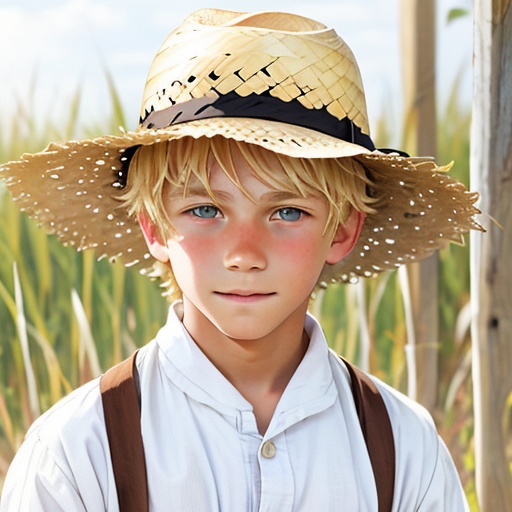 A 12-year-old Amish boy with blond messy hair wearing a straw hat and plain,  simple clothing. on Tensor.Art