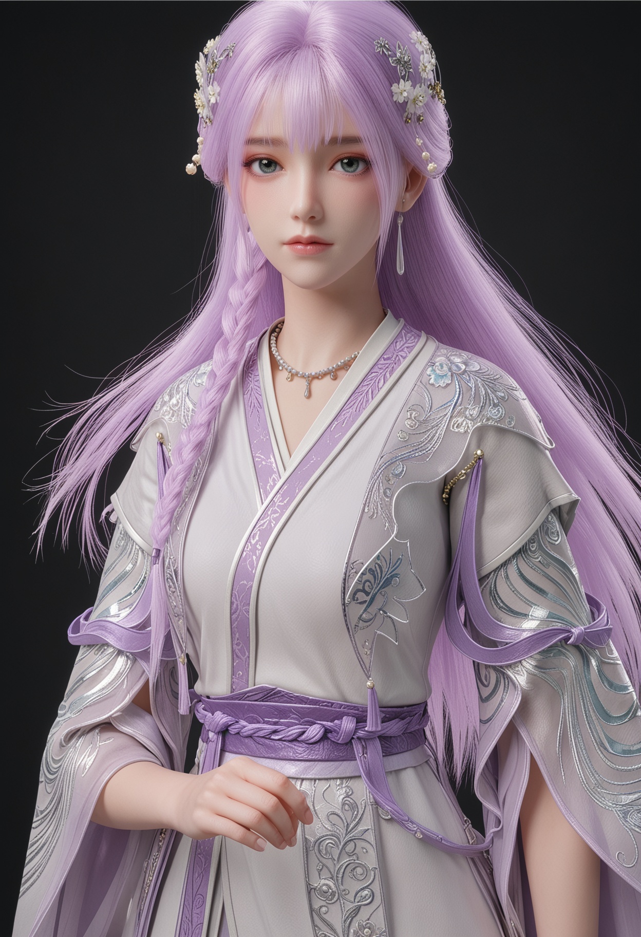 (cowboy shot:1.2),score_9,score_8_up,masterpiece,(best quality),intricate details,facing viewer,(looking at viewer:1.1),<lora:YQ_pony_tianqiong_shaonv_V4:0.8>,q1528437228,1girl,solo,long hair,purple hair,jewelry,hair ornament,earrings,braid,necklace,dress,hair flower,blue eyes,pink hair,chinese clothes,green eyes,side braid,grey eyes,japanese clothes,wide sleeves,long sleeves,sash,robe,BREAKscore_9,score_8_up,masterpiece,(best quality),perfect anatomy,(hourglass),perfect face,(simple background,pure black background,black background:1.1),fair_skin,shiny_skin,Ivory_skin,