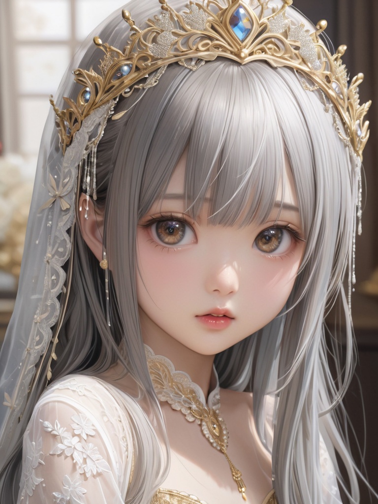 an asian girl,loli,young *****,solo,BIG EYES,Masterpiece,Best Quality,Ultra High Resolution,Beautiful,Visually Stunning,Elegant,Incredible Detail,Realistic,Bangs,((((melt)))),((((gold and silver lace)))),(((gold and silver lace lace))),extremely detailed gorgeous tiara,
