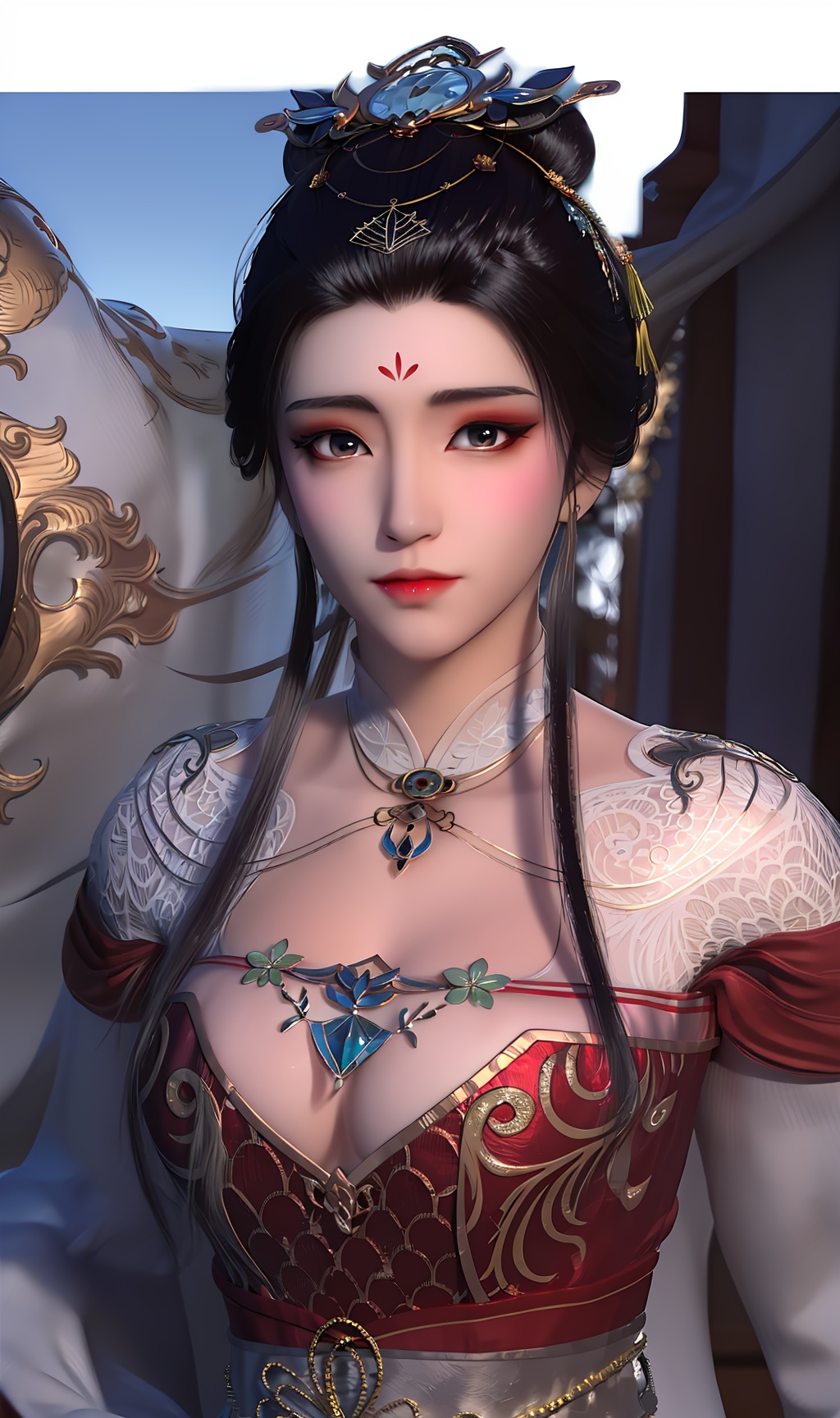 3D,masterpiece,(best quality),(makeup),official art, extremely detailed cg 8k wallpaper,((crystalstexture skin)), (extremely delicate and beautiful),(highly detailed),(face),(tiara),(tassel),(forehead_mark),(1girl), (solo), (jewelry), (earrings),(black_hair),(long_hair),(hair_ornament),(handwear),(breast),((upper_body)),(dress),(chinese_clothes),(multicolored_clothes),(multicolored_dress),,(shiny_clothes),(closed_mouth),(city,outdoor),,((looking_at_viewer)),((Facing the camera)),, <lora:hipoly3DModelLora_v10:0.3>