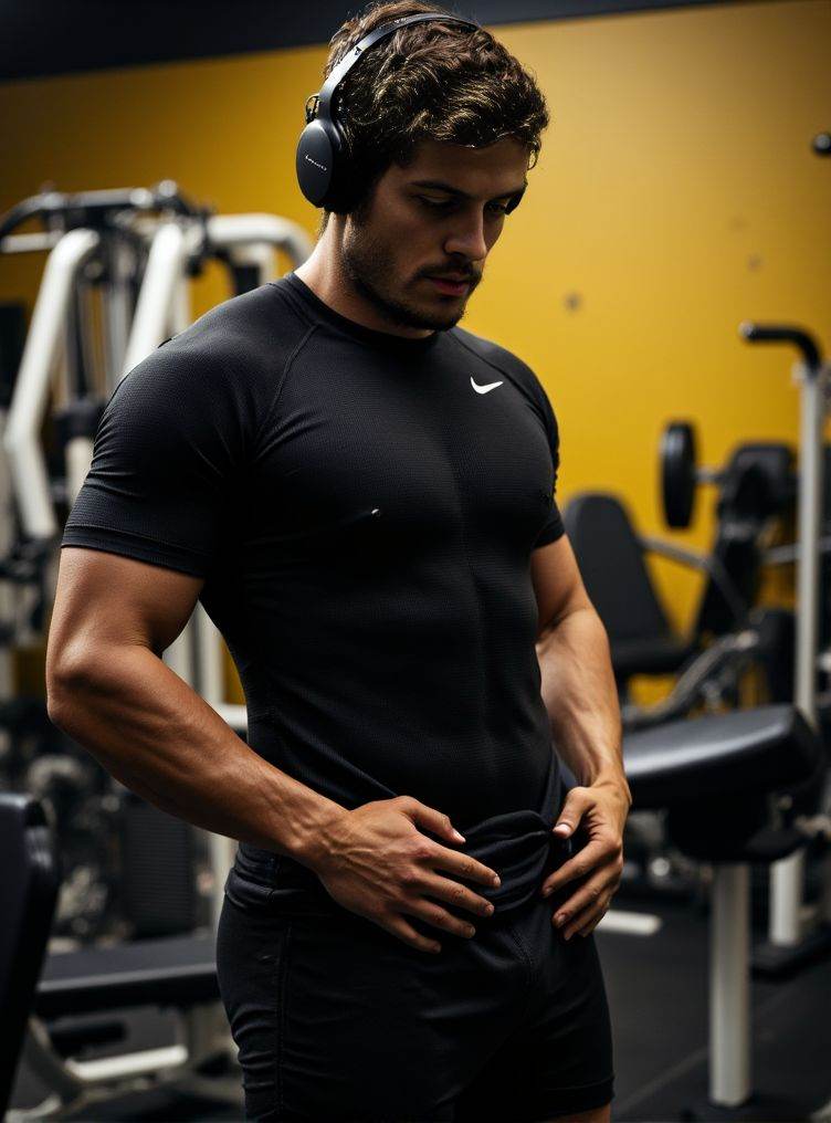 danielsharman ,  A detailed low-angle image. in exceptional quality. He is in a gym with a predominance of black and a lit...