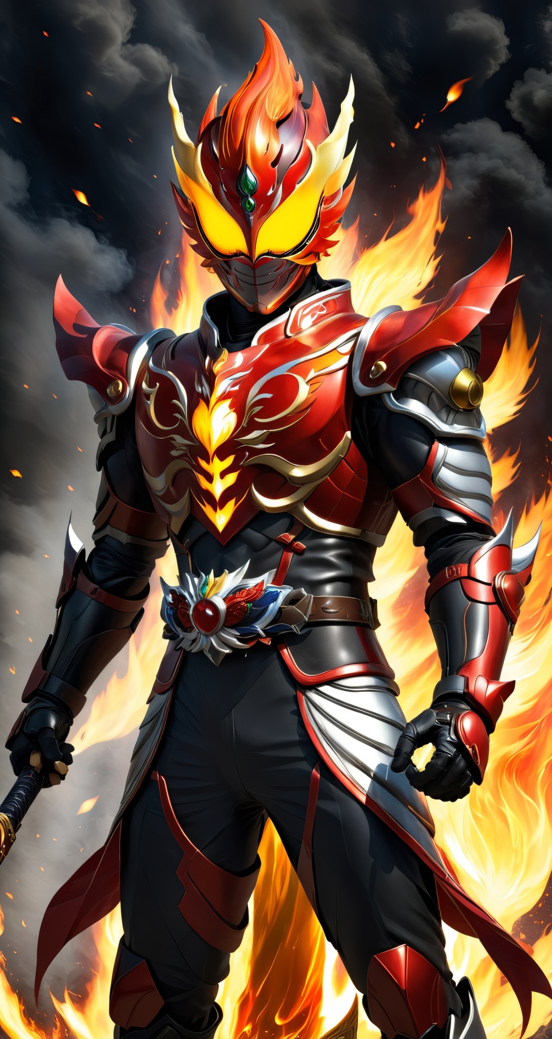 Kamen rider style,  the masked warrior of the Spirit of Fire,  wearing flame armor and holding a flame sword on Tensor.Art