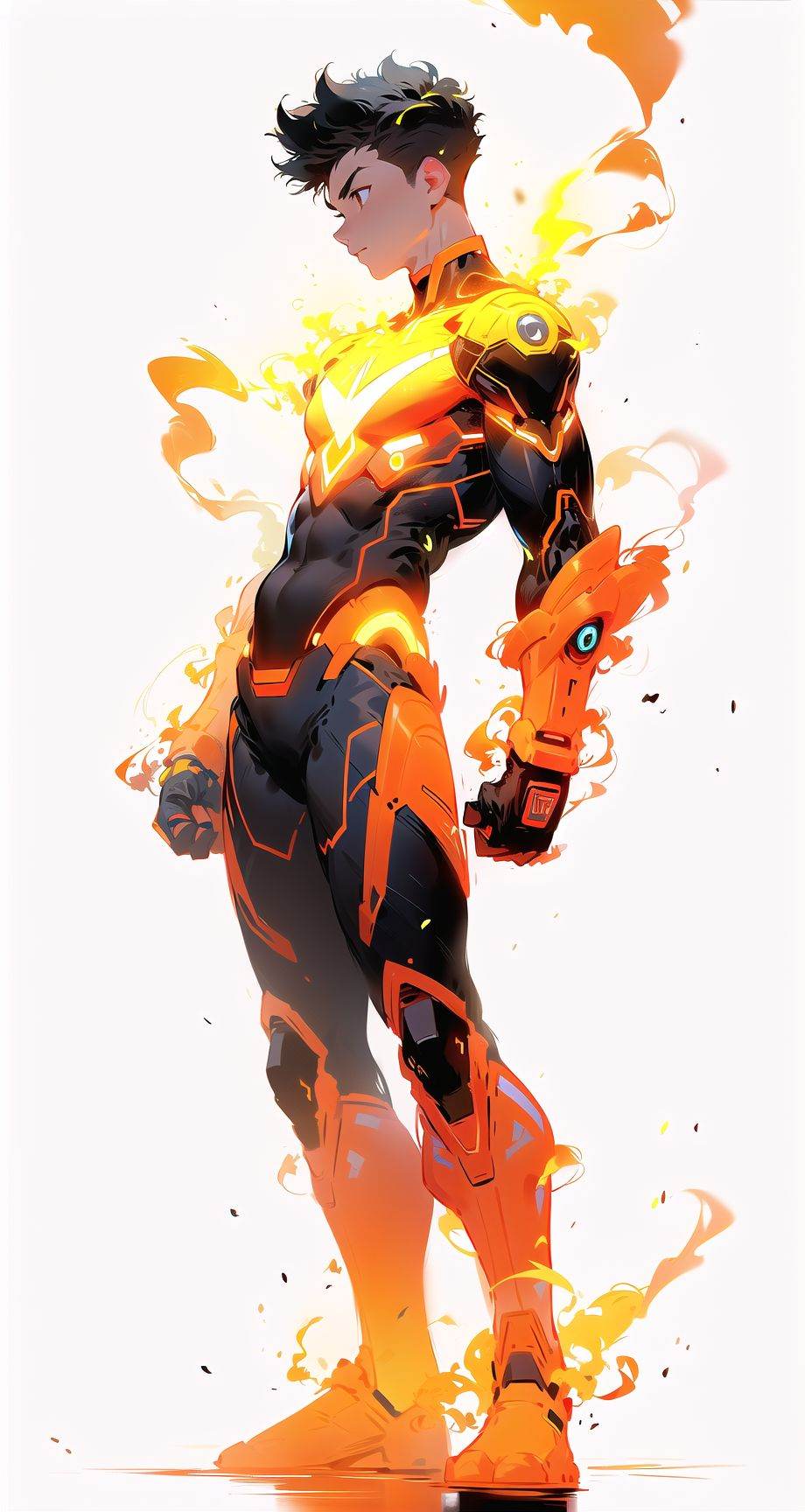 asuo,1boy,male focus,solo,bodysuit,full body,(from side),looking at viewer,white background,wind,fire,electricity,black hair,glowing,black bodysuit,clenched hands,spiked hair,standing,simple background,short hair,gloves,<lora:asuo-000014:0.8>,