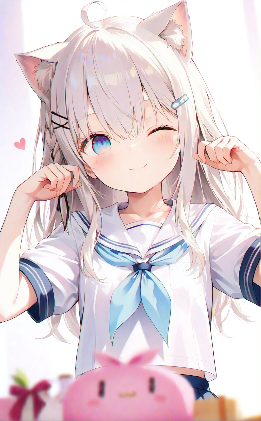 masterpiece,very aware,highres,absurdres,newest,best quality,loli,petite,high quality,chromatic_aberration,cinematic_angle,dutch angle,blurry_foreground,A light gradient background with white on top and brown at the bottom,//,1girl,solo,animal ears,one eye closed,smile,sailor collar,hands up,animal ear fluff,shirt,white shirt,long hair,bangs,white background,short sleeves,closed mouth,white sailor collar,simple background,heart,;),hair ornament,school uniform,blush,ahoge,upper body,hairclip,serafuku,cat ears,looking at viewer,blue eyes,blue neckerchief,hair between eyes,neckerchief,virtual youtuber,white hair,puffy sleeves,braid,//,//,official art,blurry background,depth of field,detailed light,best shadow,shiny skin,cinematic lighting,ray tracing,amazing quality,very aesthetic,absurdres,beast quality,ultra detailed,newest,8K,HDR,full_shot,//,<lora:lora:1.1>,