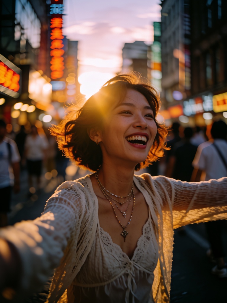 dynamic street photography selfie-style shot,  young Asian woman early 20s,  warm olive skin glowing in golden hour sunlig...
