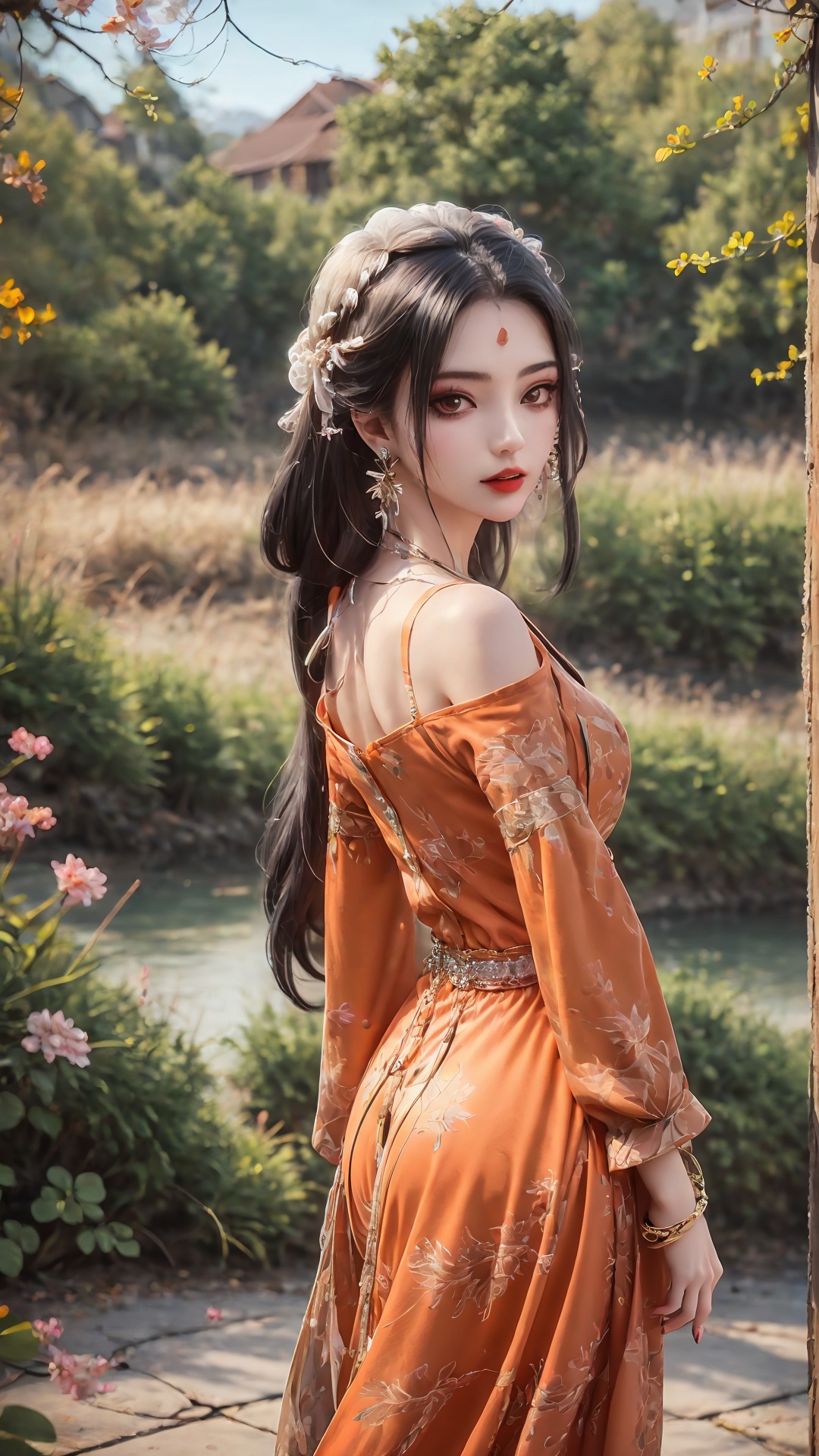 1girl, long hair, solo, jewelry, black hair, earrings, dress, orange dress, looking at viewer, wind, bird, long sleeves, looking back, standing, outdoors, parted lips<lora:girl miaojiangxiaobai_20240912173536:0.7>,