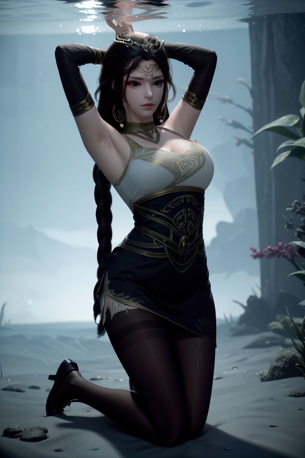 1girl,underwater,submerged,floating hair,air bubble,holding breath,see-through,masterpiece,best quality,highly detailed,fish,(wide hip:1.2),jellyfish,earrings,hair ornament,sea weed,coral reef,shark,sea turtle,sexy pose,kneeling,chinese dress,chinese clothes,big breasts,(looking at viewer:1.2),black pantyhose,arms up,torn pantyhose,