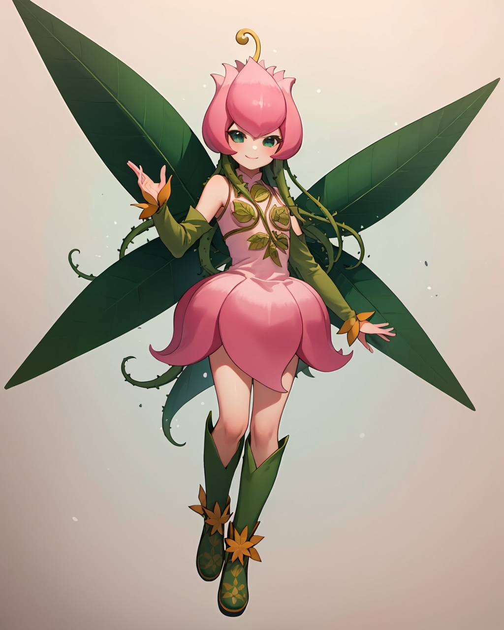 masterpiece,best quality, highly detailed, lilimon,1girl, solo, smile, wings, green footwear, boots, digimon (creature), full body, pink dress, traditional media, leaf, vines, monster girl, closed mouth,<lora:lilimon:1>