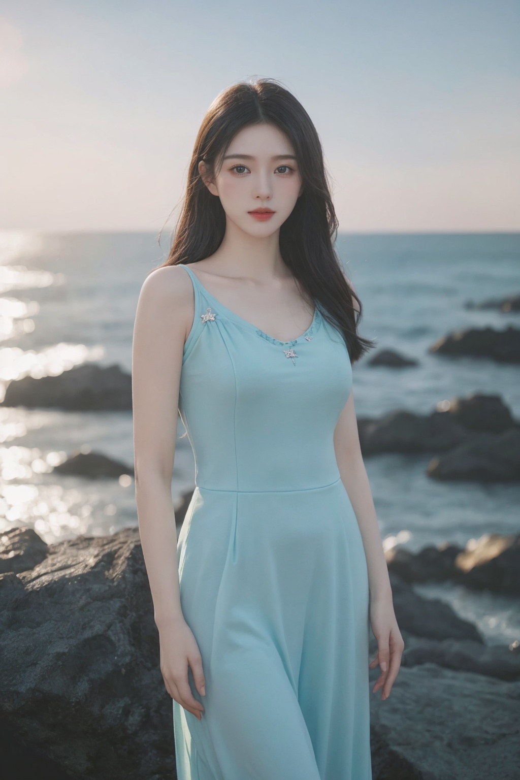 best quality,HDR,UHD,8K,Vivid Colors,solo,medium-shot,(1girl:1.5),(standing:1.3),from front,soft light,(looking at viewer:1.6),Elegant,detailed gorgeous face,<lora:add_detail:0.5>,(sea background:1.1),cowboy shot,, rc,starry sky print,  <lora:美女1.0:0.8>