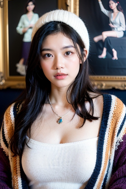 1girl,20 years old Thai girl, fair skin, cute, beautiful, shot in a seductive and sexy pose, a cute Thai girl, dressed in a cozy bohemian outfit, wearing a multicolored chunky knit cardigan with vibrant hues of purple, orange, and blue. She has a matching knitted headscarf wrapped stylishly around her head, long wavy brown hair, and captivating eyes. Layered with intricate boho necklaces featuring shells, crystals, and beads, she exudes a serene and confident aura. The background features an ornate vintage frame with an artistic painting, adding an elegant and rustic charm.