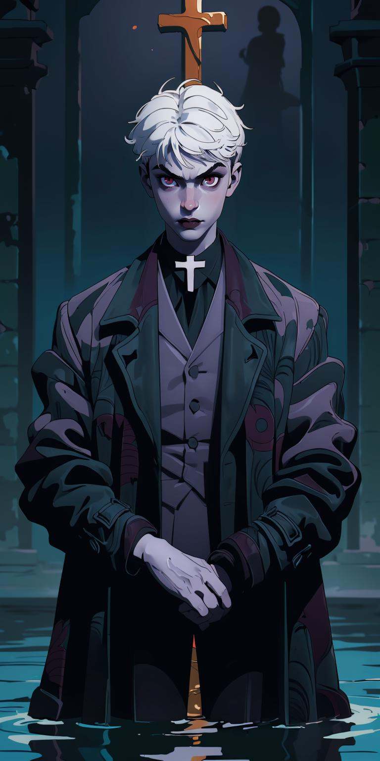 (masterpiece, best quality), 1boy, vampire, looking at viewer, pose, ((cross, horror, shadow)), (pale skin), upper body, coat, formal, ((intricate, pattern)), dark mood, reflective water,
