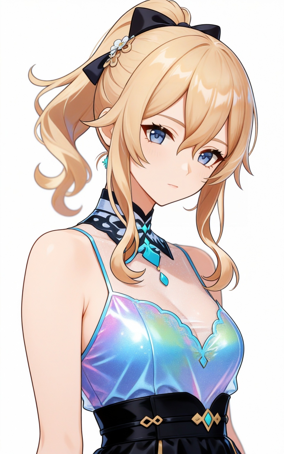 depth of field,masterpiece,best quality,very aesthetic,alternate costume,alternate costume,2024,2023,perfect composition,ultra-detailed,extreme aesthetic,masterpiece,best quality,good quality,newest,year 2024,year 2023,very aesthetic,absurdres,looking_at_viewer,colorful,white_background,simple background,upper_body,see-through,dress,<lora:琴·衣服百搭款ILL:0.8>,jean \(genshin impact\),blonde hair,long hair,pony-tail,black bow,hair_ornament,hair bow,blue eyes,hair between eyes,