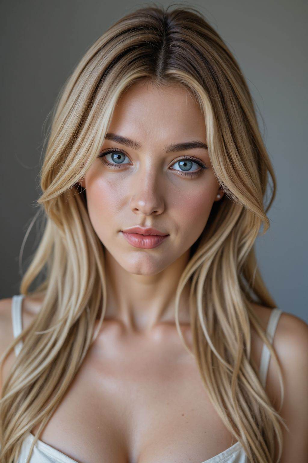 <lora:20250818_AgainGirlF1Lora10:0.8>,HDR photo of cinematic film still,This is a beautiful photograph of a woman,blonde hair cascading over her shoulders. She is wearing a dress, Looking at the viewer, closed mouth, grey background, simple background,