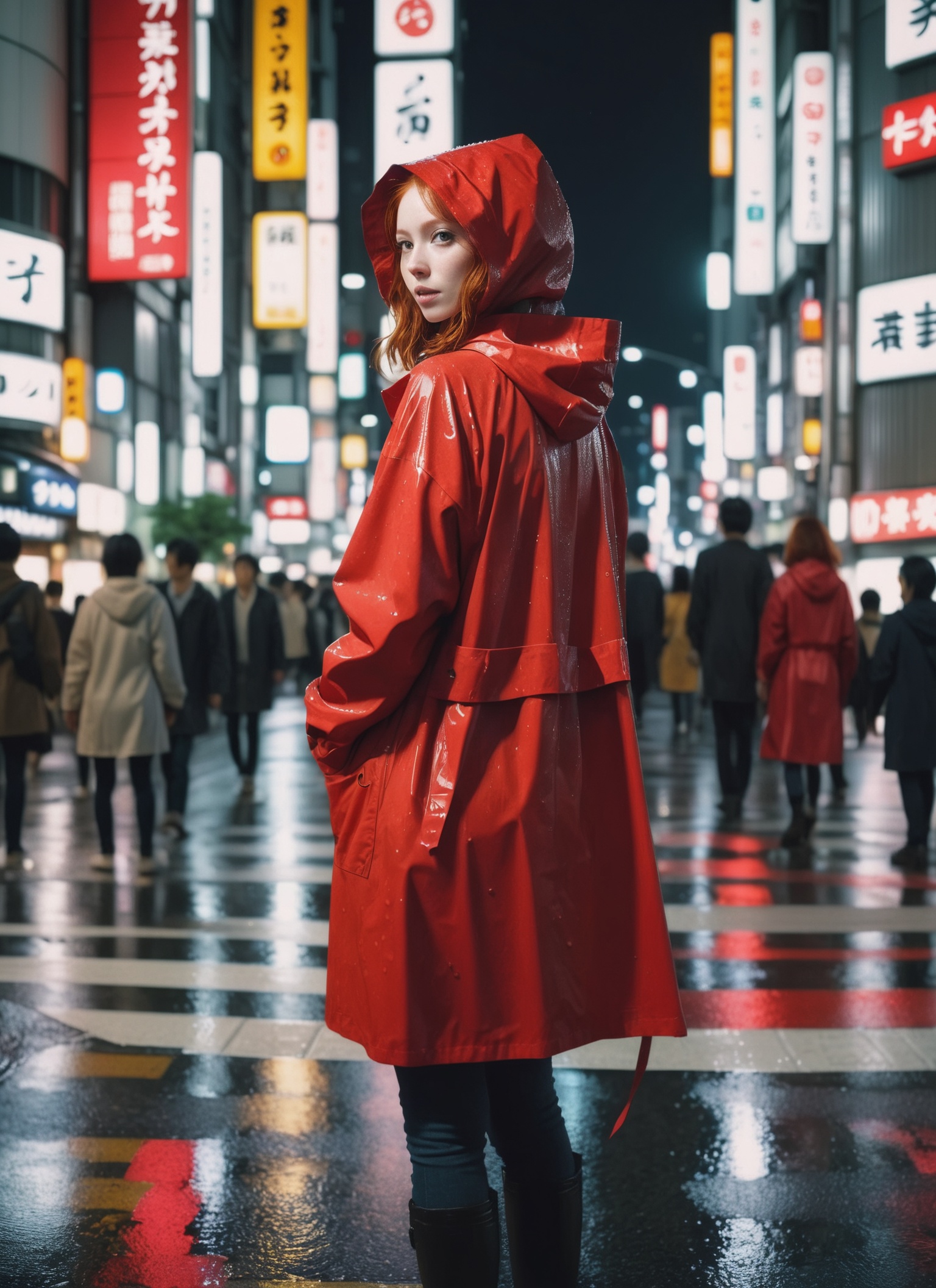 8k photo portrait of a redhead woman in a red raincoat,  at a bustling crosswalk in shibuya at night,  highly detailed on...
