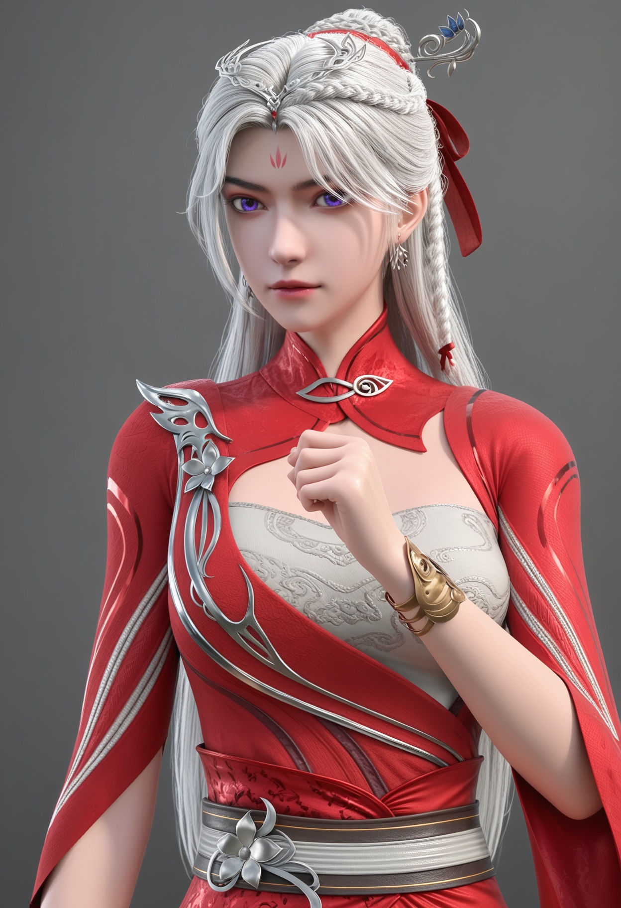 perfect_anatomy,score_9,(upper_body:1.1),looking_at_viewer,<lora:YQ_pony_chulinger_V3:0.8>,q1528437228,1girl,solo,long_hair,jewelry,white_hair,dress,hair_ornament,red_dress,earrings,forehead_mark,chinese_clothes,realistic,braid,purple_eyes,bracelet,clothing_cutout,ribbon,hair_bun,thighhighs,hair_ribbon,sash,blue_eyes,perfect_anatomy BREAK perfect_anatomy,simple background,black background,(shiny_skin),(Ivory_skin:1.1),(cinematic lighting),