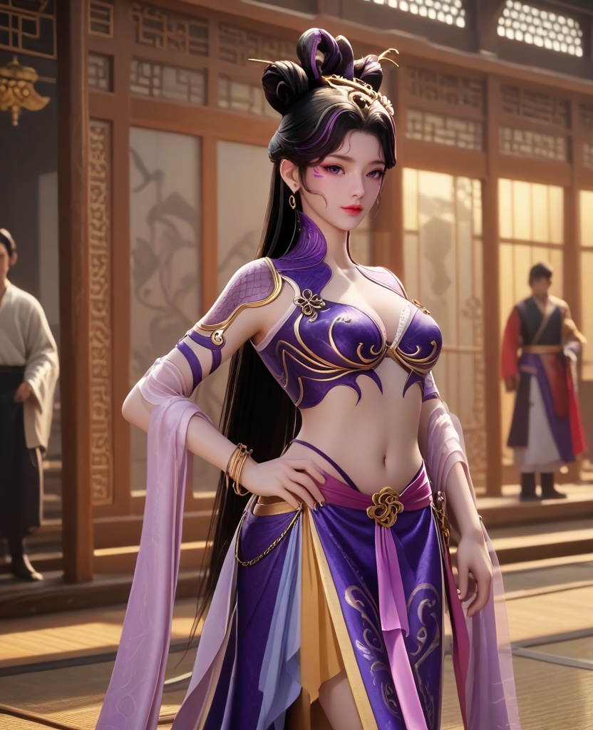 (oriental architecture, elegant decor, sophisticated style:1.1),(standing with hand on her hip:1.1),(breasts:1.2),<lora:XL16牧神记付磬允:0.95>,miss fuqingyun,purple belly dance bra,purple tiered high-low skirt with train,purple eyes,facial mark,black hair,streaked hair,looped bun with tresses,very long hair,hair ornament,jewelry,hagoromo,bracelet,, score_9,score_8_up,score_7_up,score_6_up,score_5_up,score_4_up,3d rendering,tag1,tag2, Cinematic Lighting,backlighting,