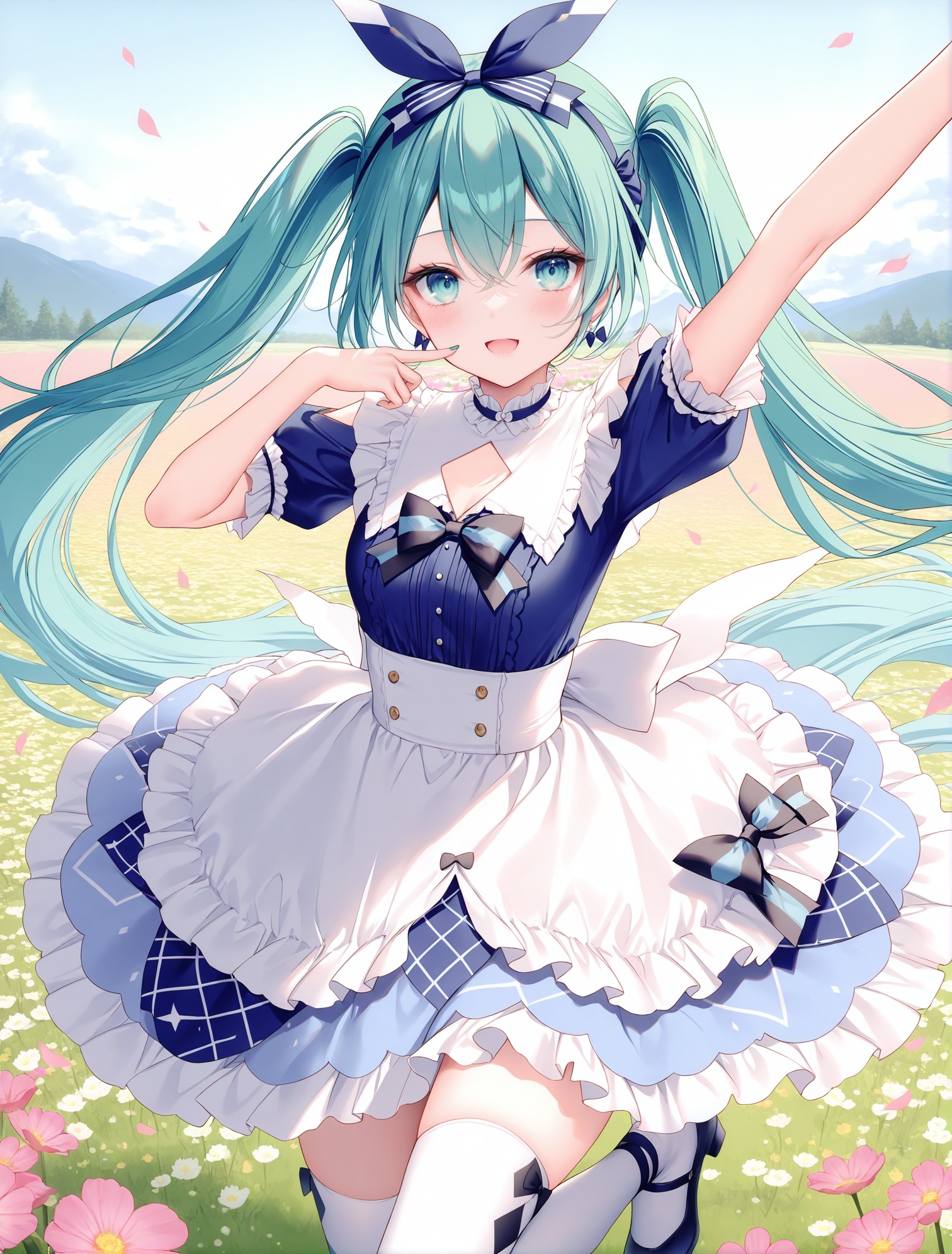 masterpiece, best quality, newest, absurdres, highres,(toosaka asagi: 0.5),(hiten \(hitenkei\):0.4),(rimuu:0.5),(mignon:0.5),(sheya:0.6),light smile,open mouth, 1girl,hatsune miku,   frilled dress, aquawonder, two-tone dress,blue dress, print thighhighs, white thighhighs, finger to face, outdoors,Flower field,standing on one leg,arm up,<lora:aquawonderXLNAI:1>