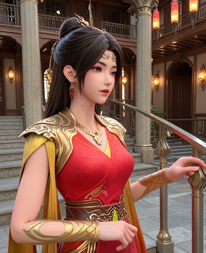 (oriental architecture, elegant decor, sophisticated style:1.1),(taking escalator,putting hand on handrail:1.1),(breasts:1.2),<lora:XL神墓东方凤凰:0.95>,miss dongfangfenghuang,red dress,sash,pauldrons,necklace,blue eyes,black hair,hair ornament,hair bun,earrings,jewelry,shawl sleeves,bracer,, score_9,score_8_up,score_7_up,score_6_up,score_5_up,score_4_up,3d rendering,tag1,tag2, Cinematic Lighting,backlighting,