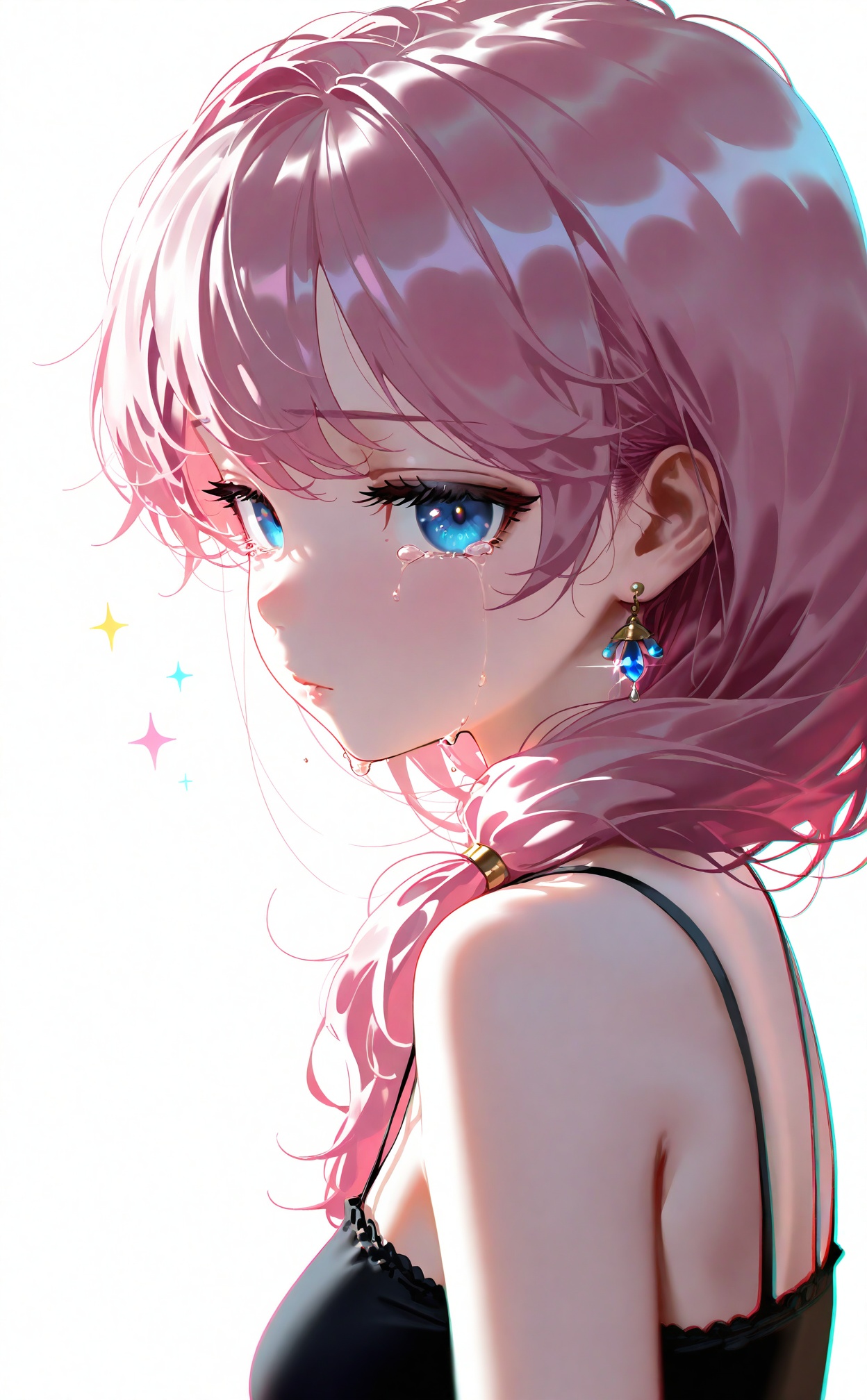masterpiece,absurdres,best quality,high quality,chromatic_aberration,loli,//,1girl, solo, blue eyes, looking at viewer, white background, pink hair, long hair, simple background, sparkle, upper body, bare shoulders, breasts, jewelry, from side, earrings, closed mouth, spaghetti strap, tears, ponytail, medium breasts, signature, lips, crying, parted lips, black camisole, low ponytail, expressionless, hair over shoulder, sleeveless, eyelashes//,<lora:nyalia917——【NOOB】hans:0.8>,