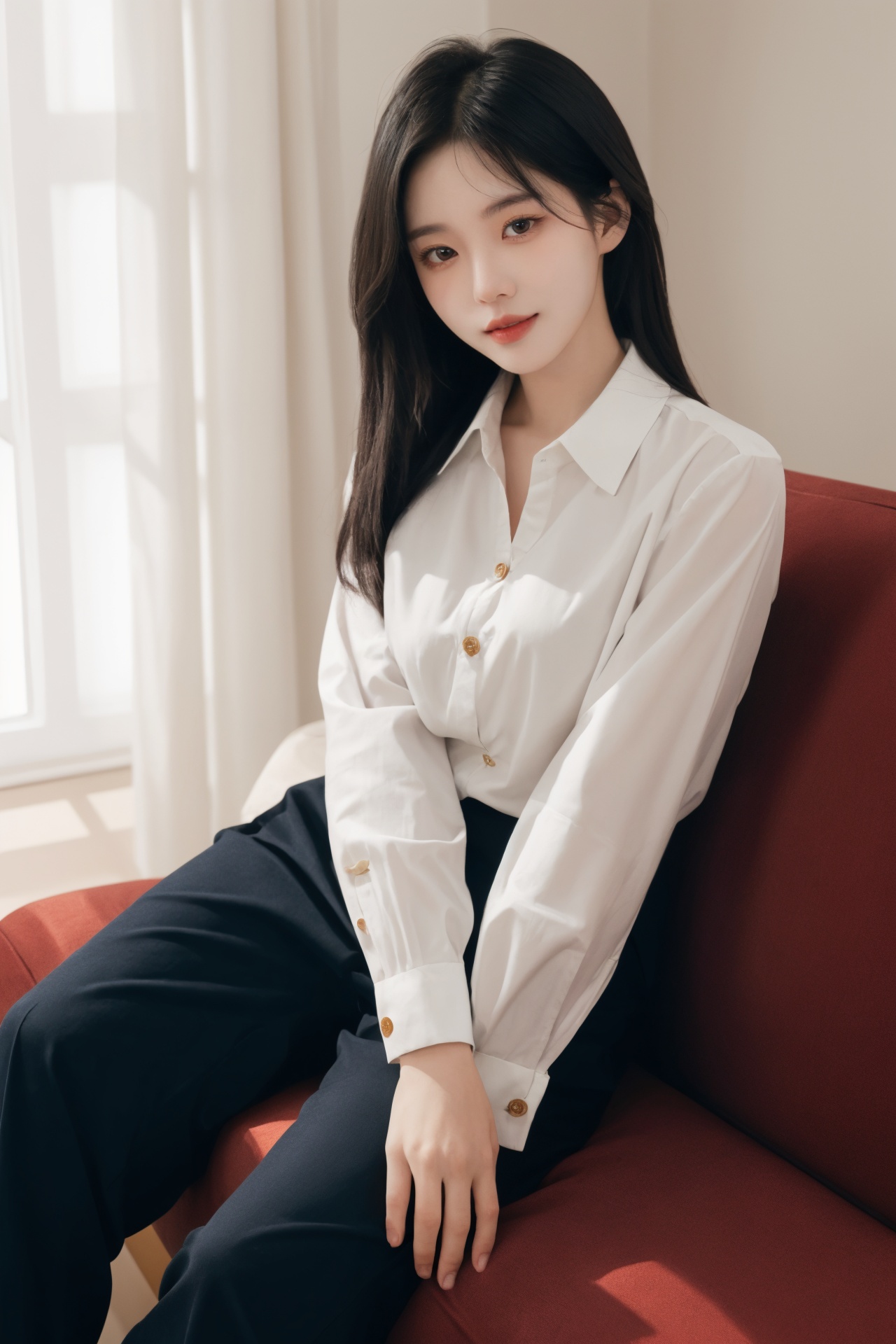 1girl, asian, black hair, brown eyes, buttons, couch, curtains, dress shirt, indoors, lips, looking at viewer, pants, realistic, shirt, sitting, smile, solo<lora:绘画美女1.0:0.66>