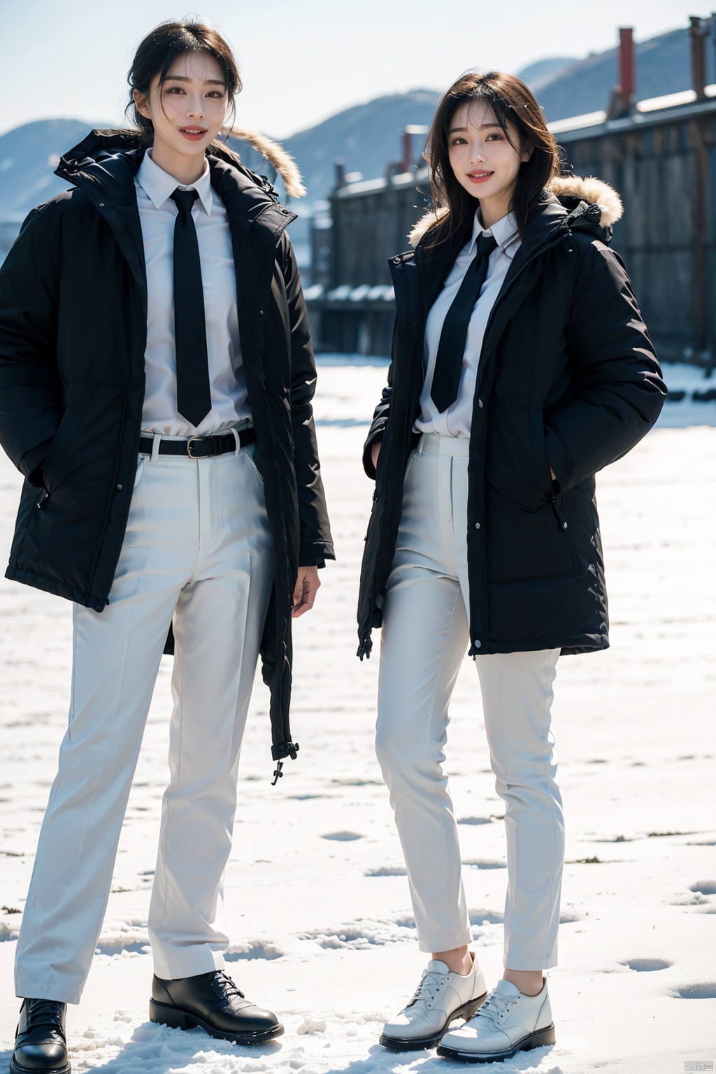 fullbody,2 people,1 girl, 1 boy,crazy smile,Studio Lighting,Wear the same Black parka,(Middle length Black parka:1.3),Slim fit parka,White shirt,Appear thin,necktie,Black pencil pants,Good lightingBy Lake Baikal,Snowy scenery,Black socks,Heavy snow is falling profusely,Bright sunshine,standing, Winter Lake Background,The dazzling sunshine at noon(8k, RAW photo, best quality, masterpiece:1.2),(realistic, photo-realistic:1.37),photon mapping,professional lighting,radiosity,trousers,Simple background,mature female,Mature males,Cusp high-heeled shoes,High top leather shoes,(in winter:1.3),(photorealistic:1.2),(film grain:0.2),((Depth of field)),spoken flying sweatdrops,official art,Best quality,masterpiece,((photorealistic:1.4)),extremely delicate,intricate details,best shadow,HD photos,slr,8k,hyperdetailed,(soft light), standing,rich in detail,(exposure blend:1.3)<lora:EMS-90581-EMS:0.300000>, <lora:EMS-360109-EMS:0.800000>