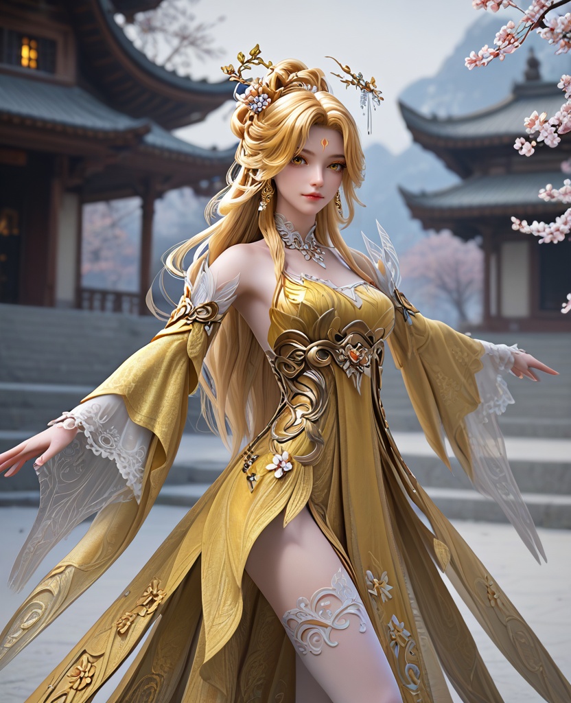 (oriental architecture, elegant decor, sophisticated style:1.1),ice skating, spinning, jumping over camera,(breasts:1.2),<lora:XL16完美世界黄金花女子:0.95>,1girl,yellow dress,yellow eyes,yellow eyeshadow,forehead mark,blonde hair,very long hair,hair ornament,princess half-up hairstyle with long cascading hair,wide flowing sleeves,white thighhighs,sash,, zPDXL2, score_9, score_8_up, score_7_up BREAK realistic, masterpiece,best quality, highly detailed,, zPDXL3, zPDXL2,zPDXL, zPDXLxxx, zPDXLrl,