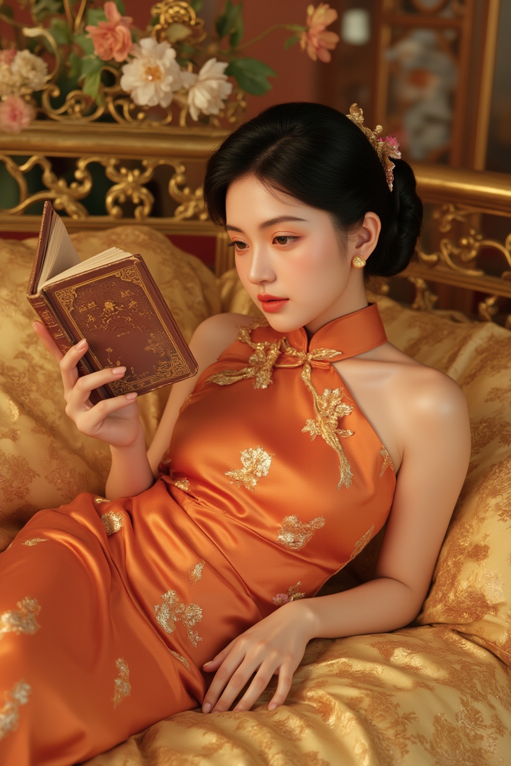 rich,<lora:rich15:0.5>,a girl niannian Photograph of an Asian woman with fair skin and black hair styled in an elaborate updo,wearing an orange silk gown with gold accents,reclining on a golden bed with floral patterns. The background features ornate golden decor,flowers,and traditional Chinese elements.,girl's hand with a vintage book,<lora:《MAJICFLUS_麦橘超国风旗袍》_极具古典美的旗袍美人_V1.0:0.6>,qipao,