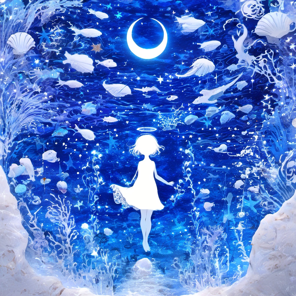 <lora:star_xl_v3:1>,silhouette painting, ethereal ambiance, blue theme, 1girl, solo, short hair, dress, standing, halo, outstretched arms, fish, spread arms, silhouette, pillar, surreal, column, star \(symbol\), moon, star \(sky\), planet, a celestial scene, a white silhouette of a girl standing amidst a myriad of seashells and marine life. the girl is dressed in a white dress and has a halo above her head. she holds a small glowing orb in her hand, the background is a deep blue and filled with stars and a crescent moon and a radiant celestial body., the entire scene is framed by intricate patterns of seashells and marine life, creating a dreamy and ethereal atmosphere., celestial scene, white silhouette of a girl, myriad of seashells and marine life, glowing orb, deep blue, crescent moon, radiant celestial body