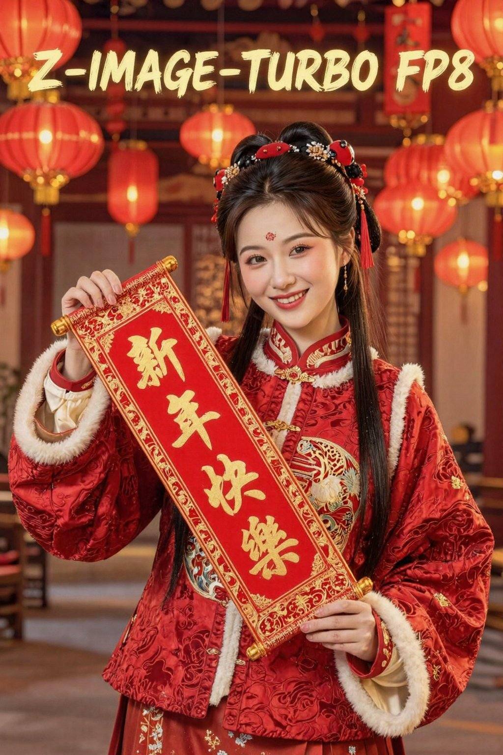 一位身着过年喜庆红色衣服的古装女子，服饰纹理精致细腻，她双手拉着一副写着新年快乐的金色字竖批。背景中悬挂着许多红色灯笼，营造出浓厚的节日氛围，灯光温暖，营造出一种温馨而欢乐的氛围，影视级别的效果，摄影风格，正面照，背景顶部有文本“Z-IMAGE-TURBO FP8”以金色半透明毛笔字体显示在顶部。