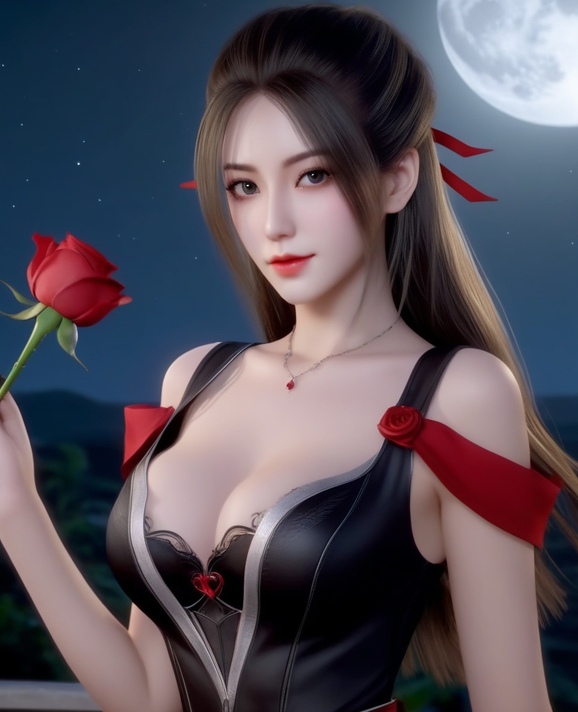 <lora:574-DA-XL-天行九歌-焰灵歌:0.8>(,1girl, ,best quality, ),looking at viewer,masterpiece, (( , )),, realistic,science fiction,mole, ultra realistic 8k cg, moonlight,full moon,  rose,(cleavage), (),