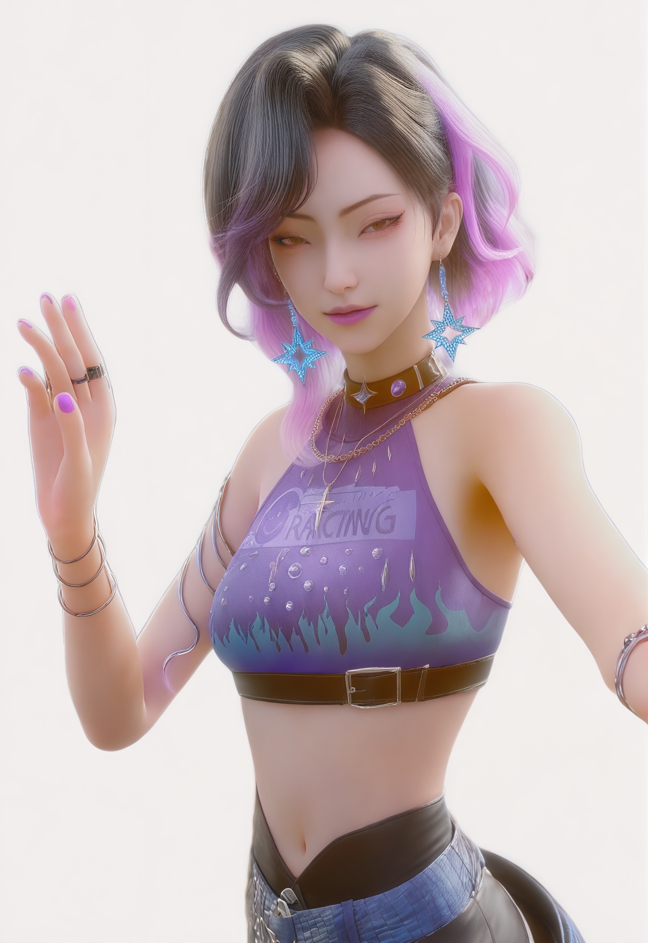 score_9,<lora:柳菲:1>,1girl,jewelry,earrings,multicolored hair,midriff,crop top,holding hands,black hair,bracelet,white background,short hair,navel,belt,ring,two-tone hair,necklace,simple background,nail polish,