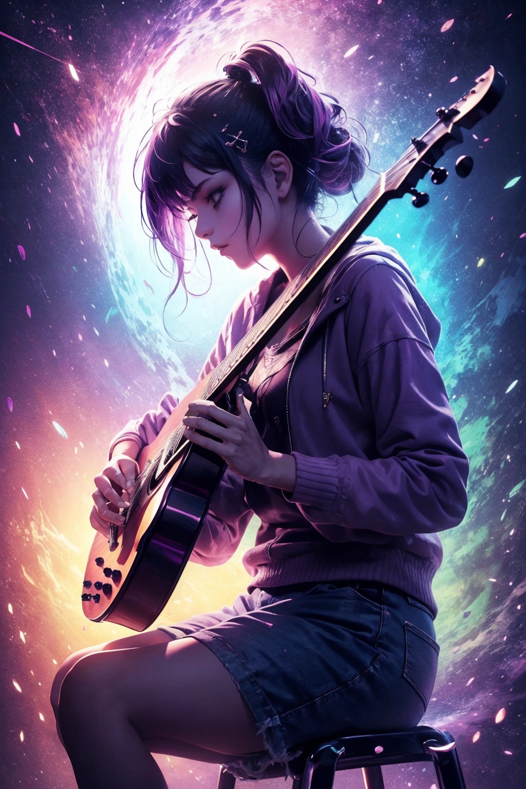 masterpiece,best quality,ultra high res,1girl,tashan,colorful,<lora:踏山听海【炫彩】-v1:0.7>,A talented musician who uses their instruments as an escape from the stress of life.,Pastel Purple theme,