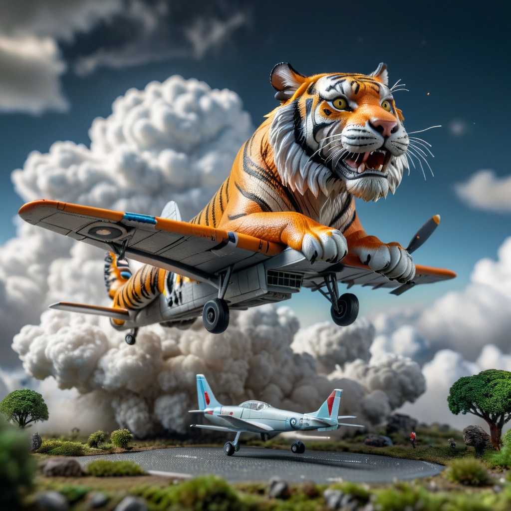 masterpiece,best quality,(photorealistic:1.4),(ultra high res:1.2),(raw photo:1.2),ultra-detailed,micro world,a plane being attacked by a tiger made of cloud,low angle,floating in the air,,<lora:微观世界XL_V1.1:0.7>