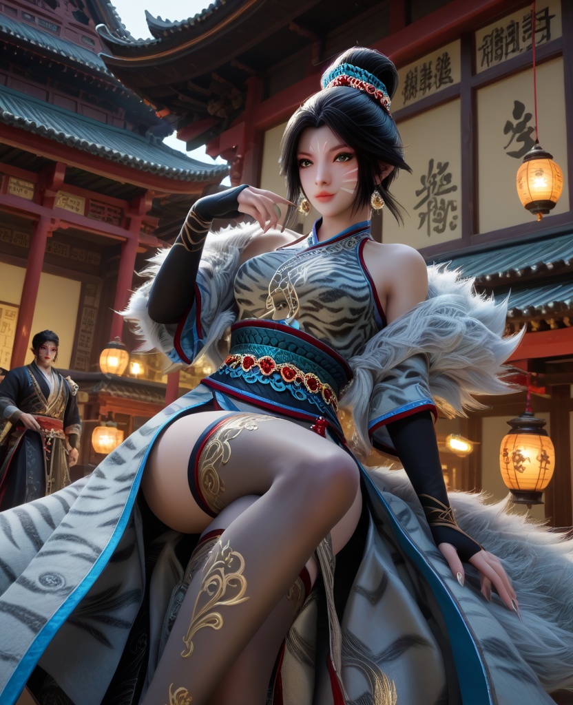 (oriental architecture, elegant decor, sophisticated style:1.1),(touching toes:1.1),(breasts:1.2),<lora:XL16牧神记白虎堂:0.95>,1girl,white fur coat with leopard print,(facepaint:1.2),green eyes,black hair,single hair bun,black gloves,sharp fingernails,sash,(thighhighs:1.2),earrings,, score_9,score_8_up,score_7_up,score_6_up,score_5_up,score_4_up,3d rendering,tag1,tag2, Cinematic Lighting,backlighting,