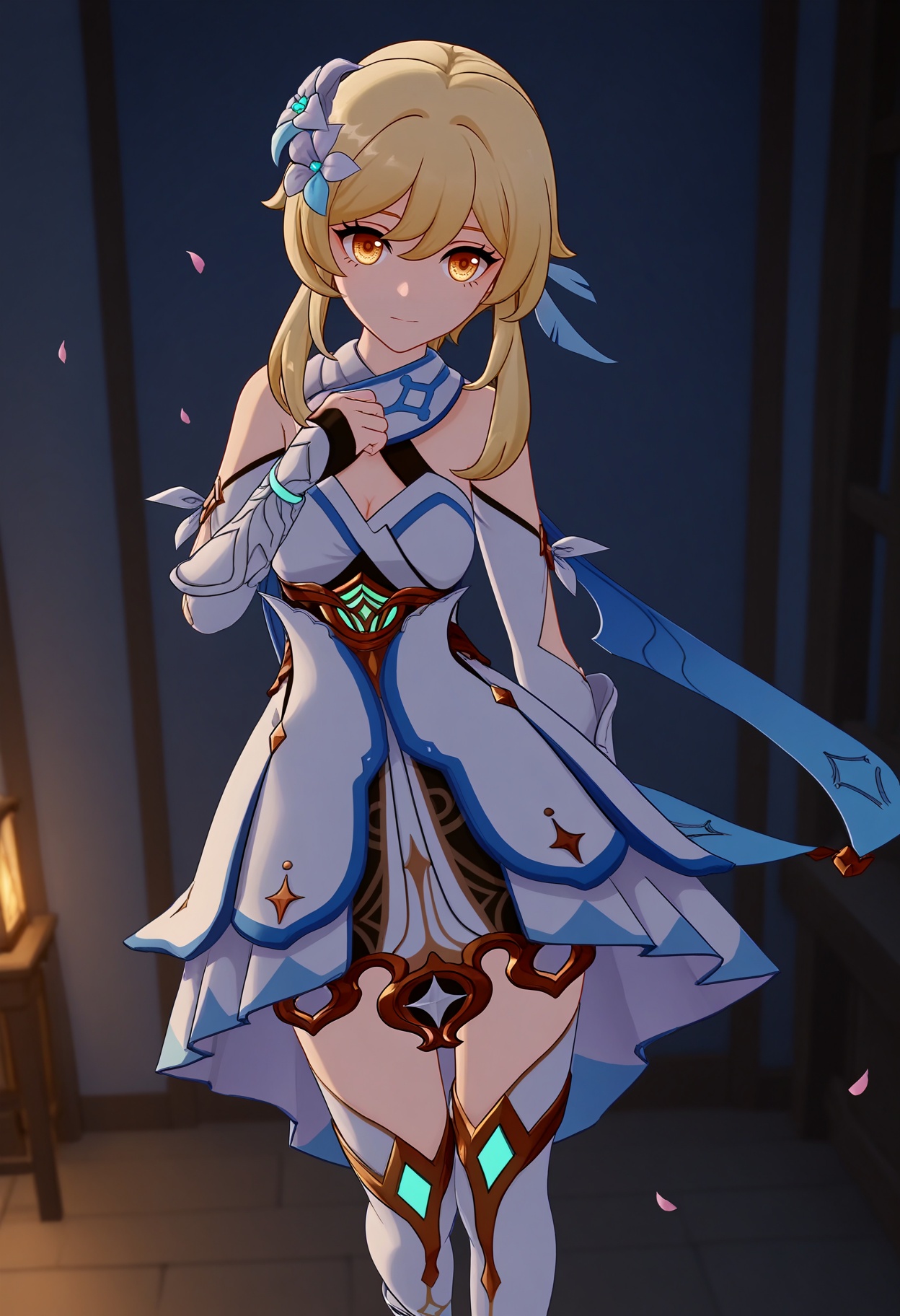 (standing full_body:1.1),looking at viewer:1.1,masterpiece,(best quality),(mutated_hands:-1.2),(bad hands:-1.2),smog,Dark room,dim lighting,peach blossom,falling petals,<lora:YQ_Illustrious光辉二次元v1_荧_V1:0.8>,q1528437228,1girl,solo,lumine (genshin impact),blonde hair,hair ornament,dress,hair flower,white dress,short hair with long locks,detached sleeves,yellow eyes,scarf,sidelocks,feather hair ornament,gloves,white thighhighs,boots,