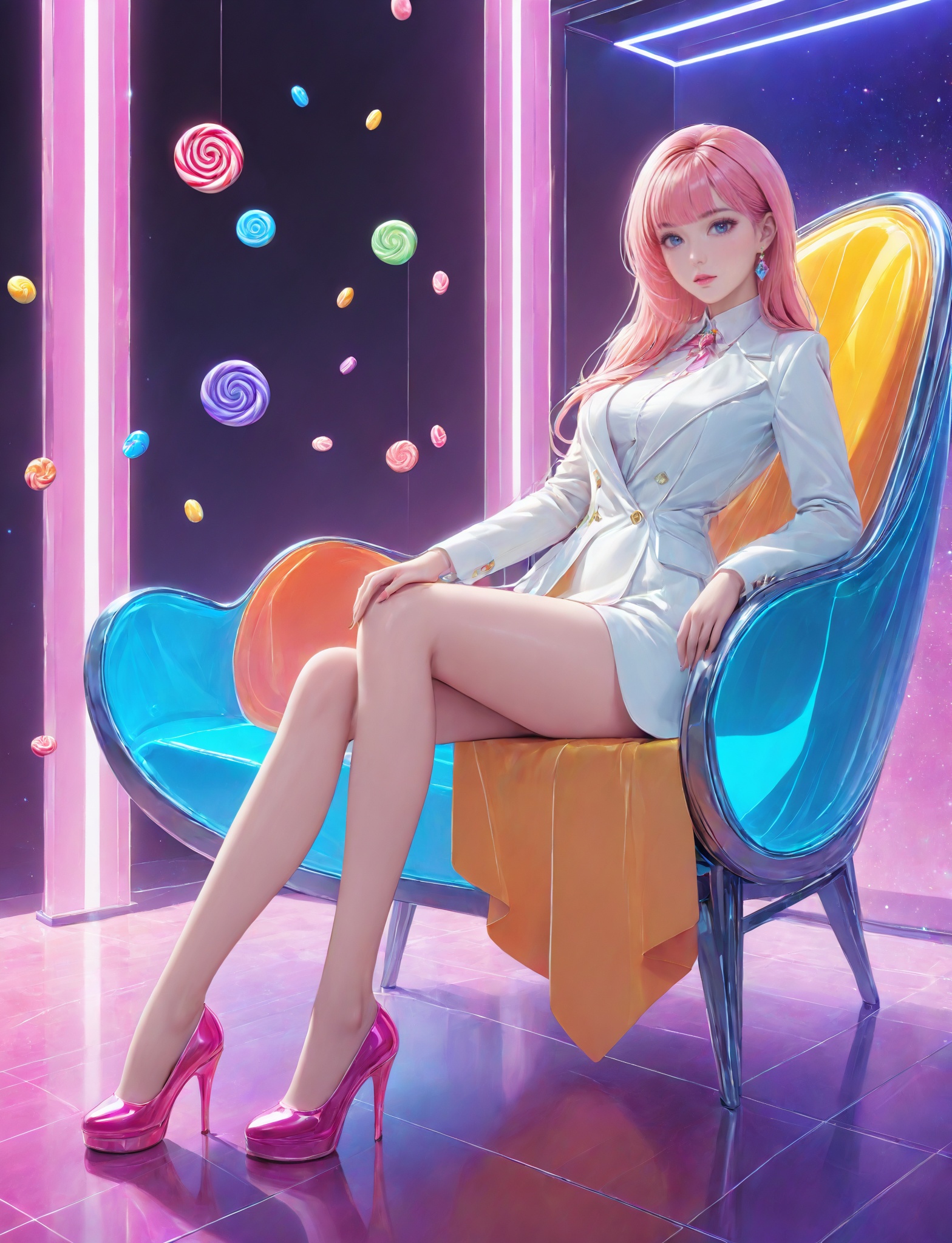 masterpiece,bestquality,candy lady,two candy ladies,white shirt,white coat,elegant sitting posture,legs,sci-fi crystal background,slender legs,candy long boots,<lora:20240730-1722271406618:0.65>,<lora:detailer-xl:1>,crystal chair,