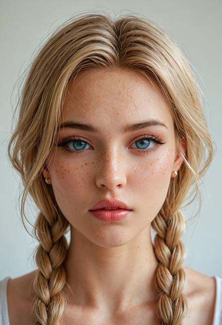 score_9,score_8_up,score_7_up, close-up. freckles. A breathtakingly beautiful 21-year-old Scandinavian model, with piercing ice blue eyes. Her fair skin glows, every pore visible due to the high detailed real skin texture. She is adorned with minimalist makeup that enhances her delicate facial features, creating an alluring and seductive look.Her face is framed by twin braids of golden hair. The focus of this close-up image is solely on her ethereal beauty.perfect eyes, simple background