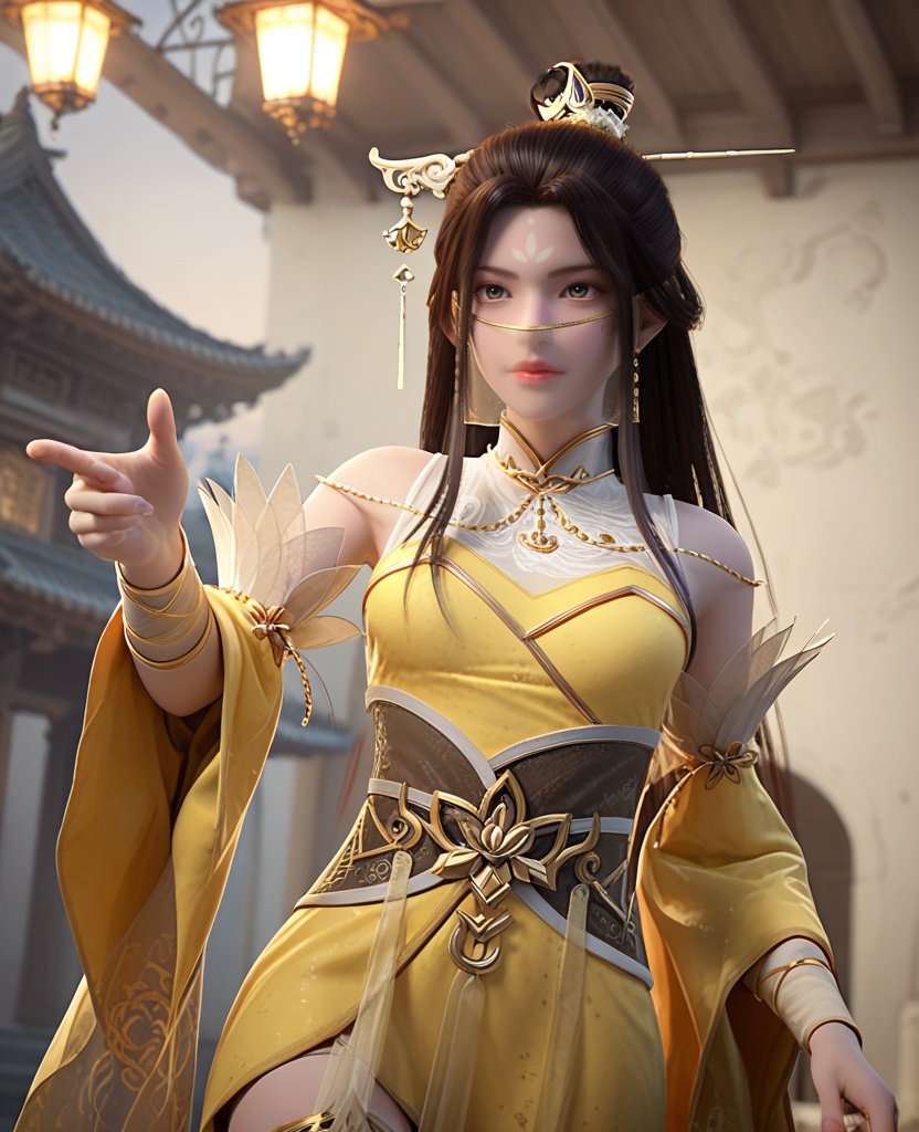 (oriental architecture, elegant decor, sophisticated style:1.1),Thumbs up,(breasts:1.2),<lora:XL完美世界凤舞>,miss fengwu,solo,yellow dress,chain ornament,sash,brown eyes,forehead mark,mouth veil,black hair,long hair,hanging hair,hair stick,hair bun,detached sleeves,wide sleeves,wristband,thighhighs,tassel,, zPDXL2, score_9, score_8_up, score_7_up BREAK realistic, masterpiece,best quality, highly detailed,, zPDXL3, zPDXL2,zPDXL, zPDXLxxx, zPDXLrl,