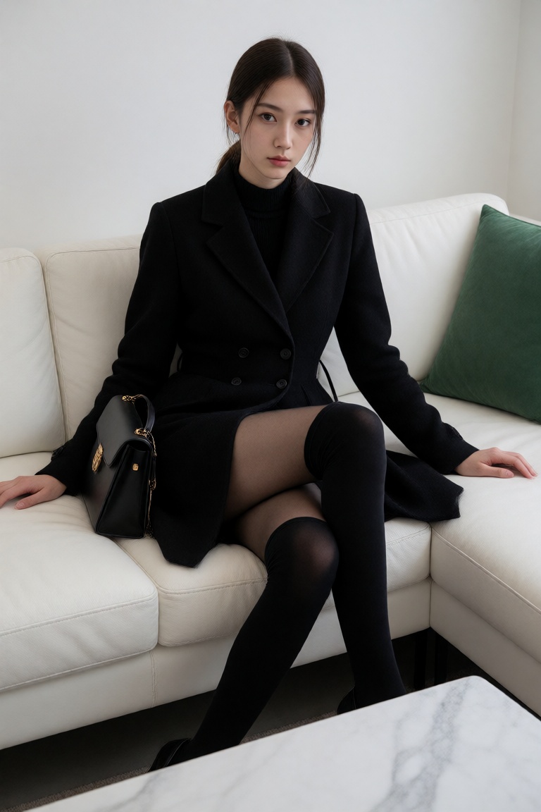 In this photograph,  an Asian woman with fair skin and straight,  dark brown hair tied back sits on a modern on Tensor.Art