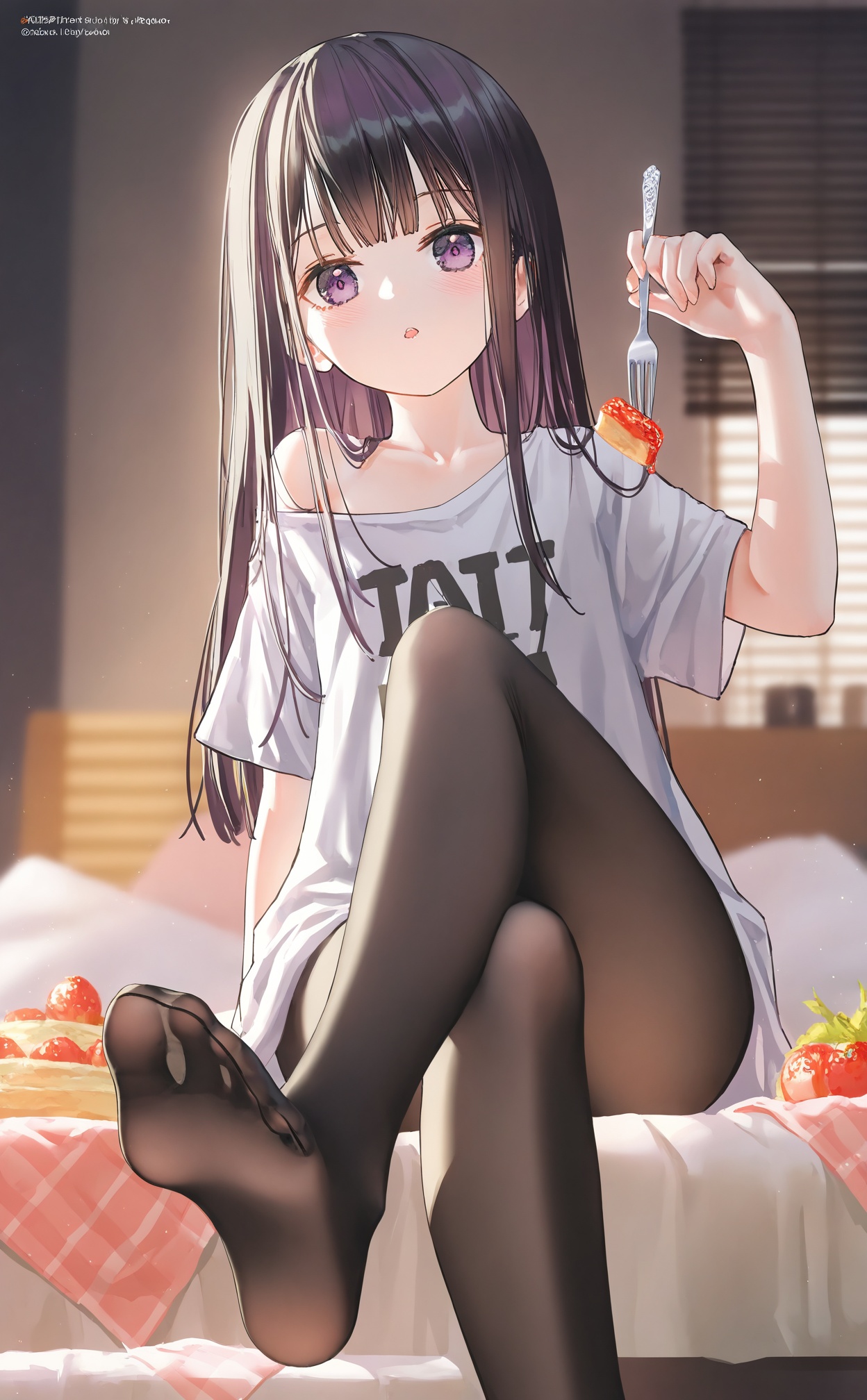 masterpiece,best quality,high quality,loli,overexposure,chromatic_aberration,light,fair_skin,//,1girl,feet,pantyhose,no shoes,solo,soles,toes,purple eyes,fork,holding fork,shirt,foot focus,long hair,sitting,black pantyhose,holding,purple hair,food,foreshortening,pixiv id,collarbone,off shoulder,indoors,oversized clothes,looking at viewer,grey shirt,legs,white shirt,fine fabric emphasis,on bed,t-shirt,twitter username,breasts,spread toes,oversized shirt,window blinds,single bare shoulder,blush,crossed legs,parted lips,clothes writing,short sleeves,open mouth,//,(artist:ningen_mame:0.9),(artist:sho_(sho_lwlw):0.9),(artist:rhasta:0.9),(artist:wlop:0.7),(artist:ke-ta:0.6),(fkey:0.5),(fuzichoco:0.6),artist:chen bin,(artist:atdan:0.8),(artist:hyouuma:0.8),//,official art,depth of field,detailed light,blurry background,best shadow,shiny skin,cinematic lighting,ray tracing,amazing quality,very aesthetic,absurdres,beast quality,ultra detailed,newest,8K,HDR,<lora:pvc3——【Illustrious】hans:0.5>,