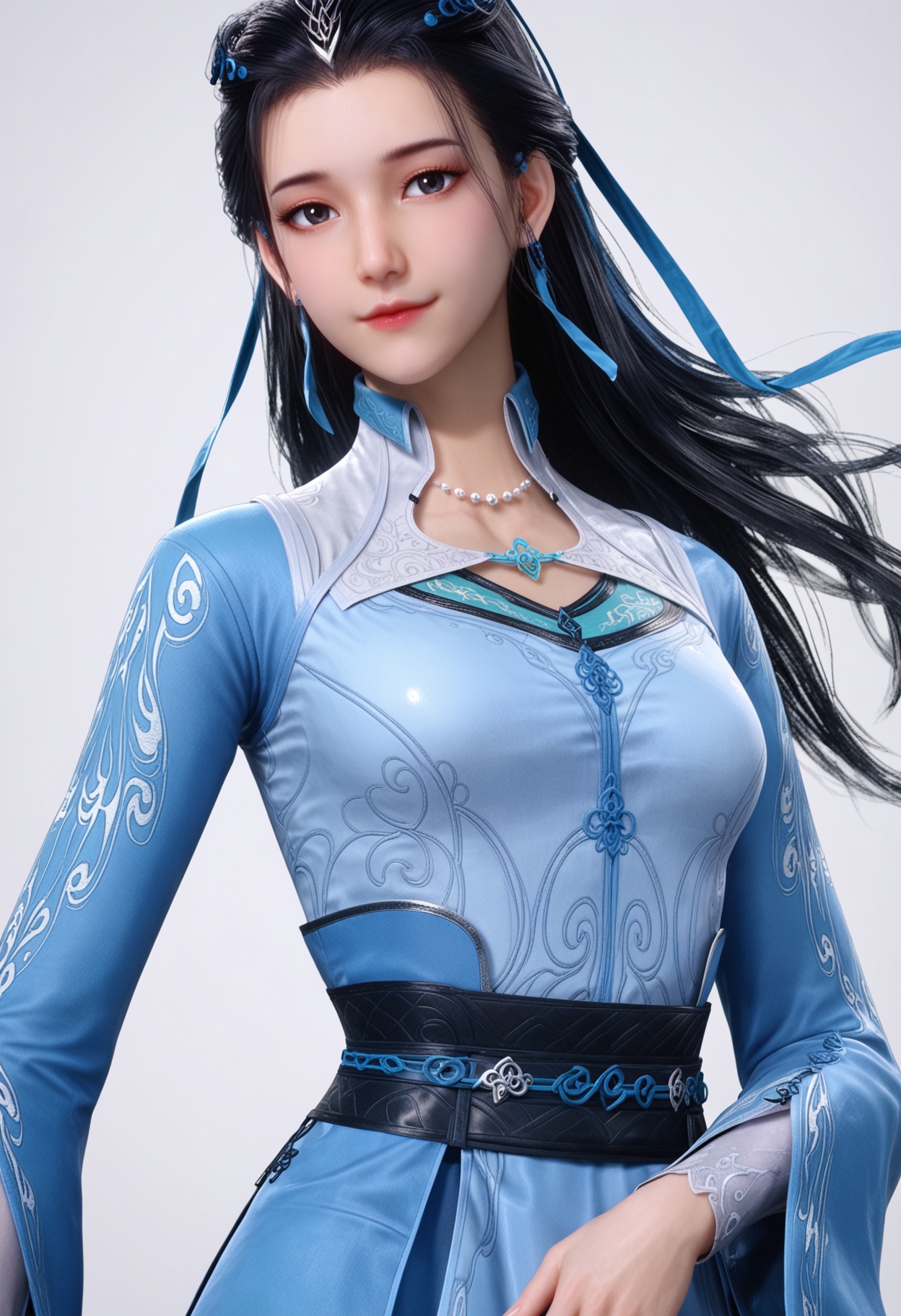score_9,high detail,best quality,cinematic lighting,volumetric lighting,shiny skin,shiny,wanjiangyu,1girl,solo,black eyes,black hair,long hair,dress,earrings,blue dress,white background,realistic,jewelry,hair ornament,necklace,simple background,closed mouth,long sleeves,hair bun,smile,sash,hair ribbon,looking at viewer,thighs,<lora:Pony_DetailV2.0:0.8>,<lora:皮肤凹痕:0.1>,<lora:QQSponywanjiangyuV1:0.8>,