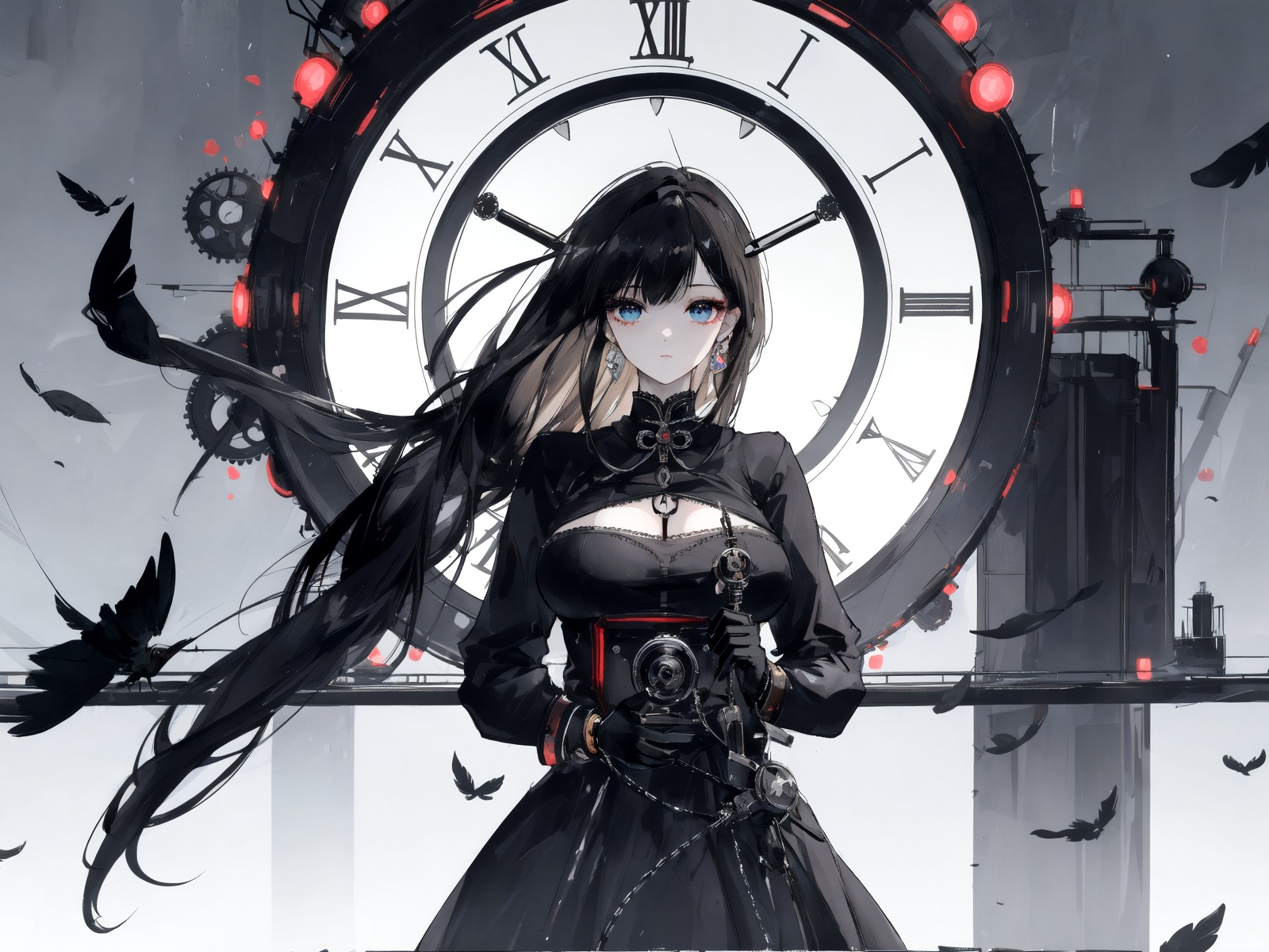 huge documents,high details,{masterpiece},{best quality},gear (series),[[steampunk]],black smoke,gear clock tower,[[smoke filled abandoned city]],{{1 girl}},white long hair,messy hair,hair fluttering in the wind,{an extremely delicate and beautiful girl},gear boots,brown gloves,{ragged clothes},medium chest circumference,{crows},beautiful detail eyes,mechanical prosthesis,{{Gothic dress - (black)}},{{many black feathers}},many sporadic black feathers,{{{gear mechanism}}},{{{upper body}}},doll,reality_ray_tracing,light leaks,wide shot,3D graphics,fantasyArt,